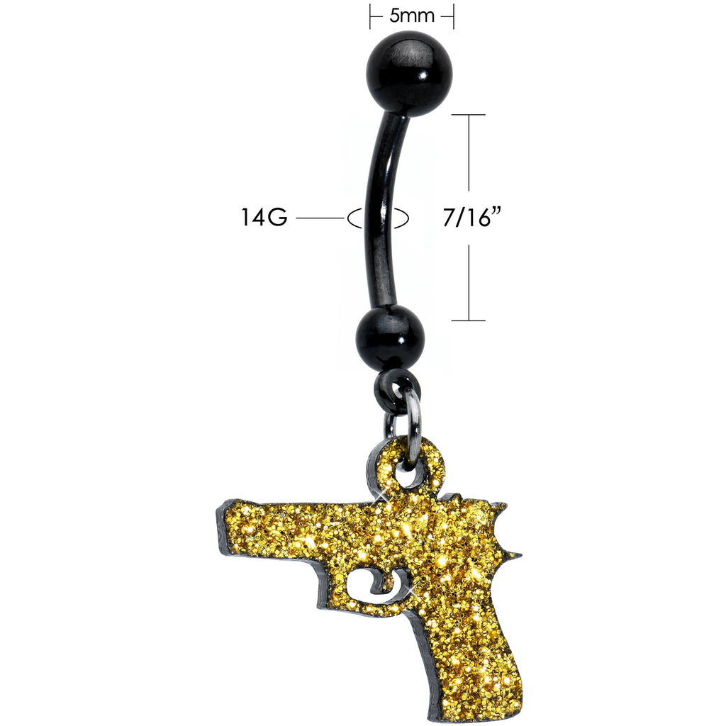 BodyCandy Yellow Glitter Gun Dangle Belly Ring — back view