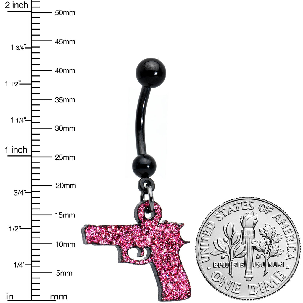 BodyCandy Pink Glitter Gun Dangle Belly Ring — detail close-up