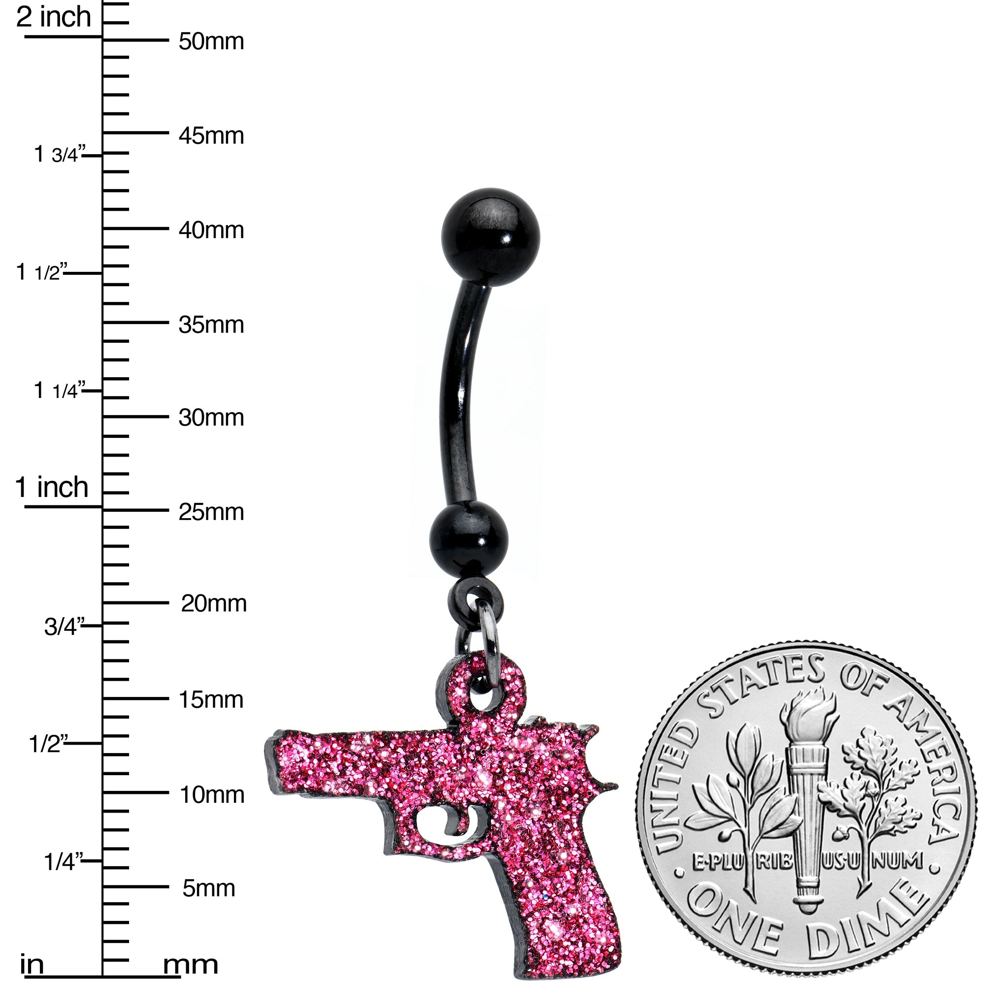 BodyCandy Pink Glitter Gun Dangle Belly Ring — detail close-up