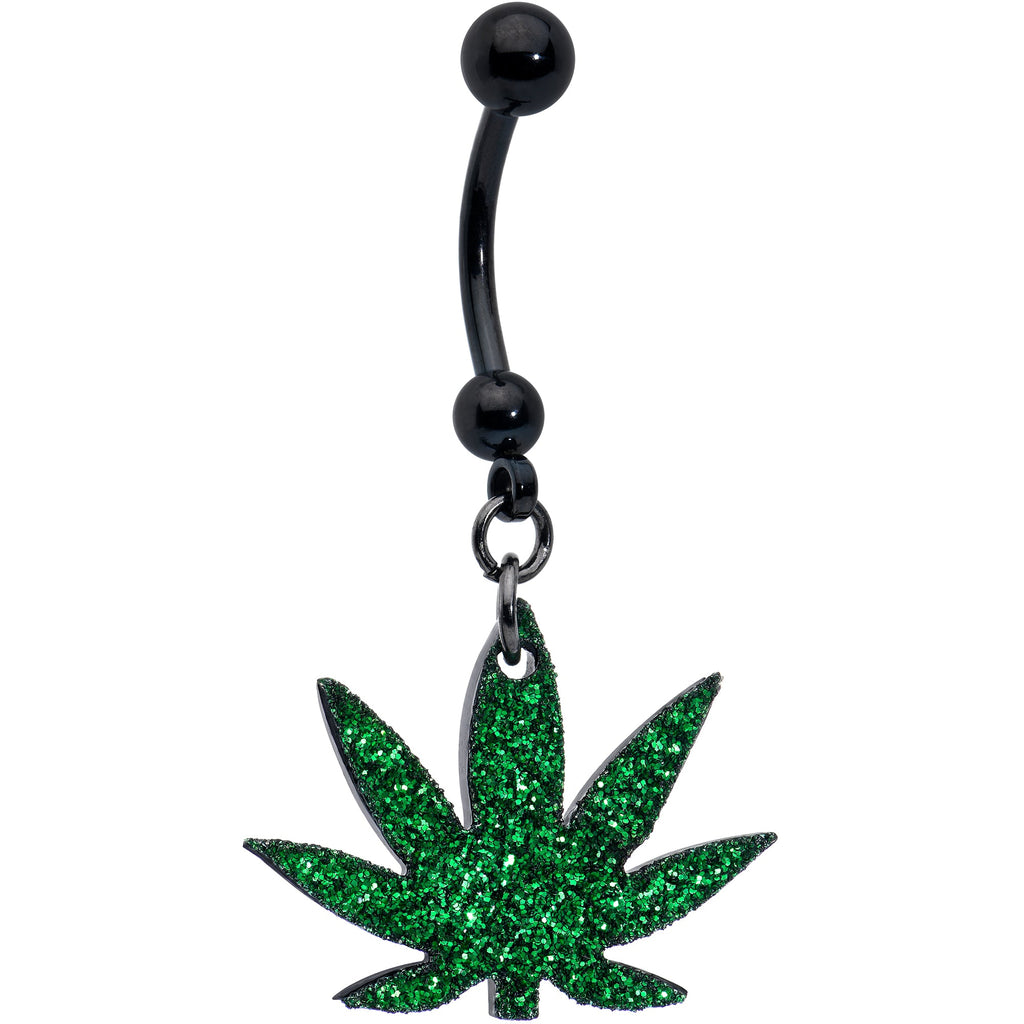 BodyCandy Green Glitter Marijuana Pot Leaf Black Dangle Belly Ring — main product shot