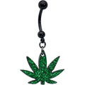 BodyCandy Green Glitter Marijuana Pot Leaf Black Dangle Belly Ring — main product shot