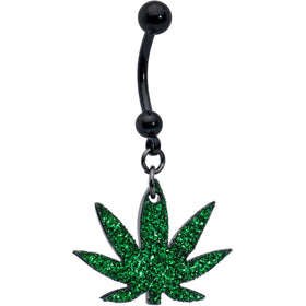 Green Glitter Marijuana Pot Leaf Black Dangle Belly Ring