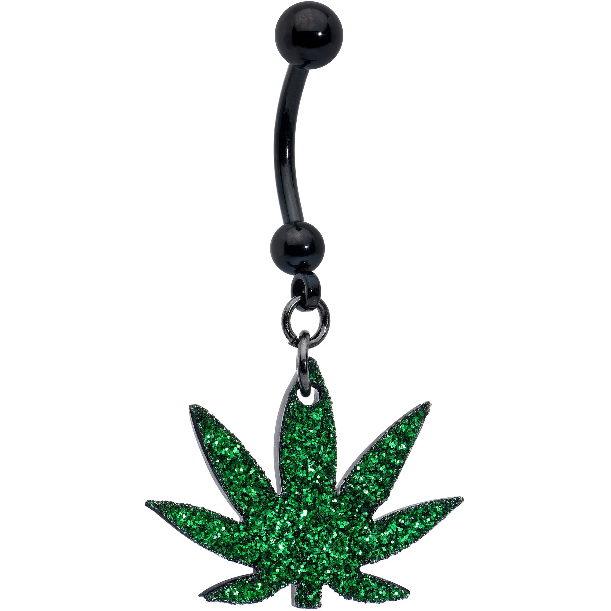BodyCandy Green Glitter Marijuana Pot Leaf Black Dangle Belly Ring — main product shot