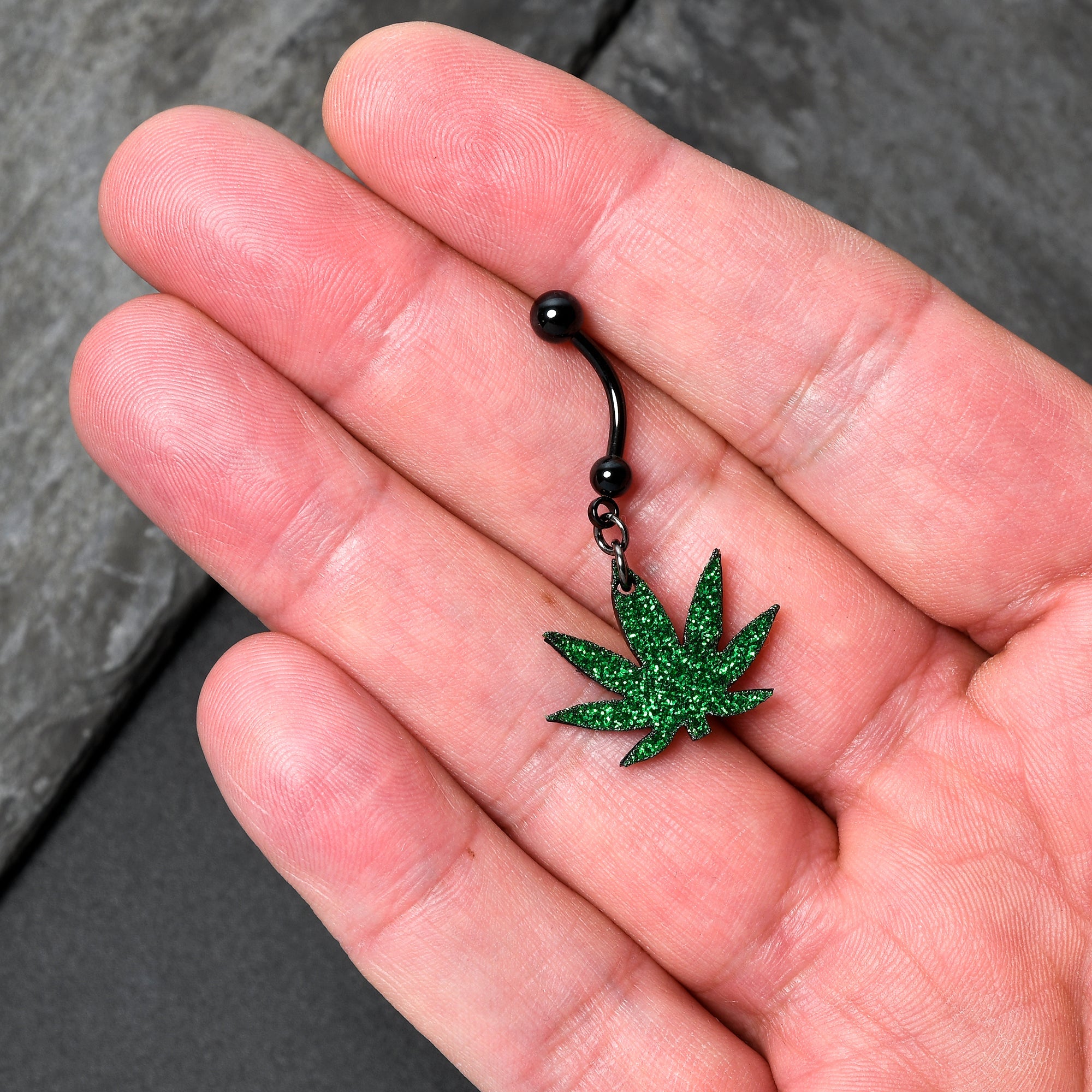 BodyCandy Green Glitter Marijuana Pot Leaf Black Dangle Belly Ring — detail close-up