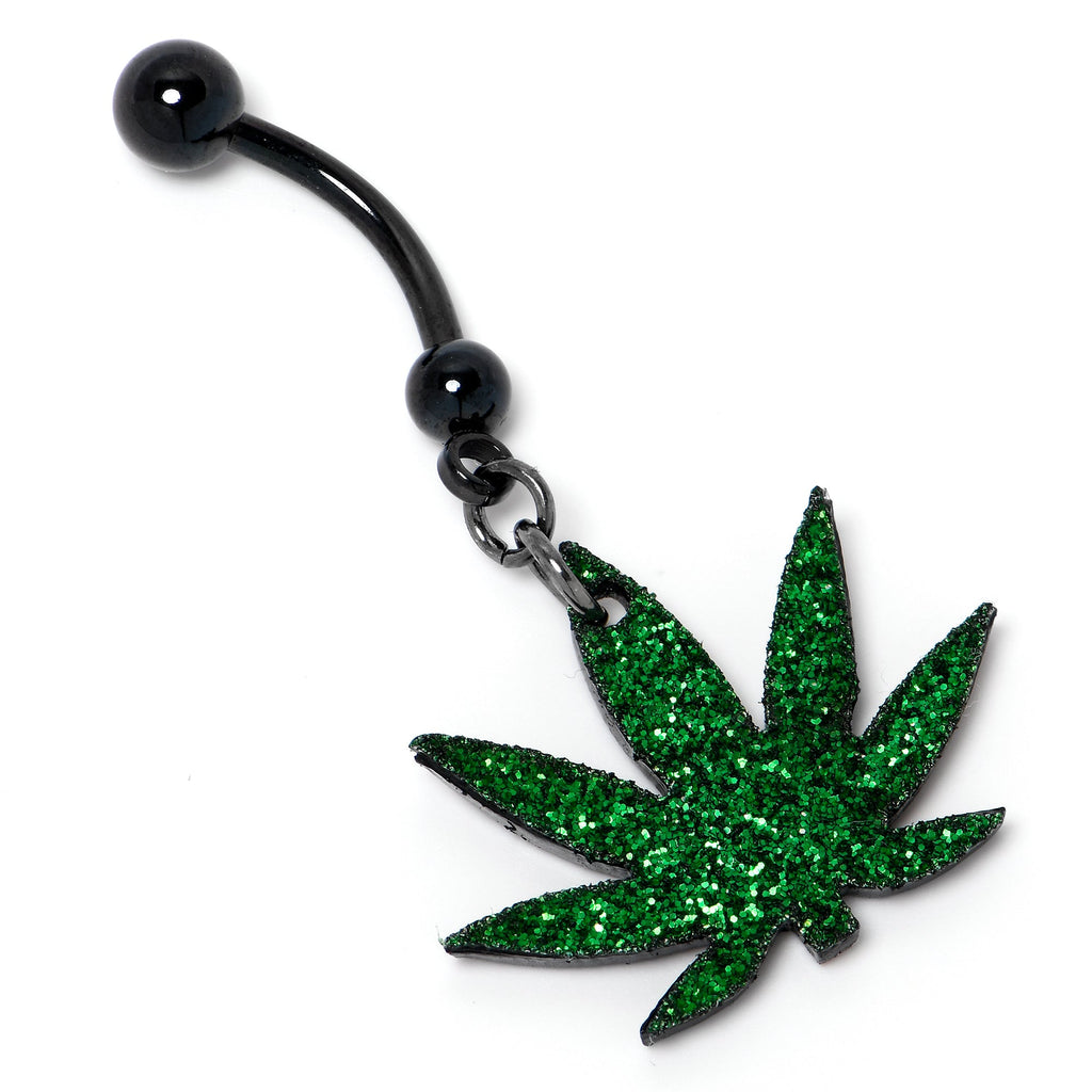 BodyCandy Green Glitter Marijuana Pot Leaf Black Dangle Belly Ring — lifestyle context
