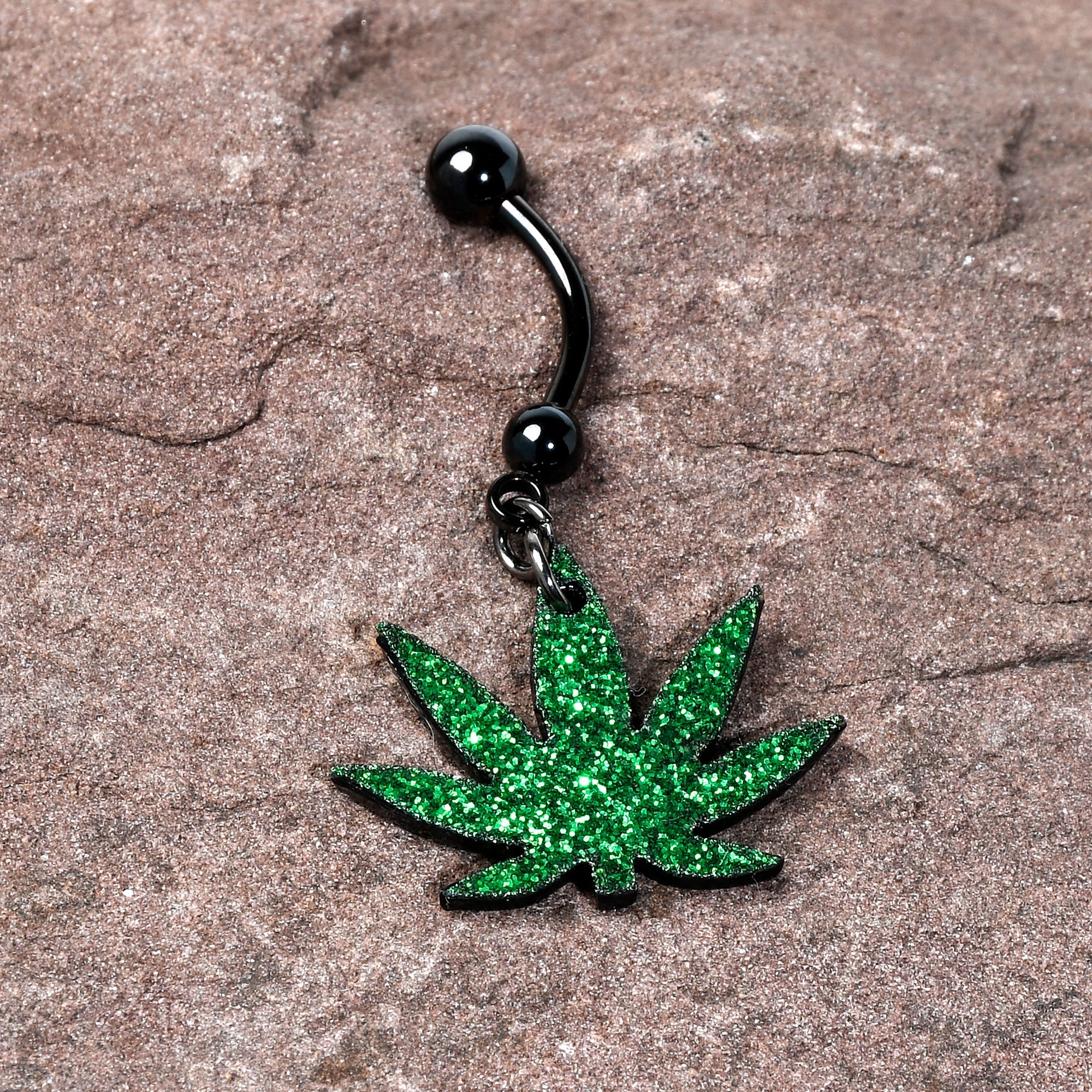 BodyCandy Green Glitter Marijuana Pot Leaf Black Dangle Belly Ring — side view
