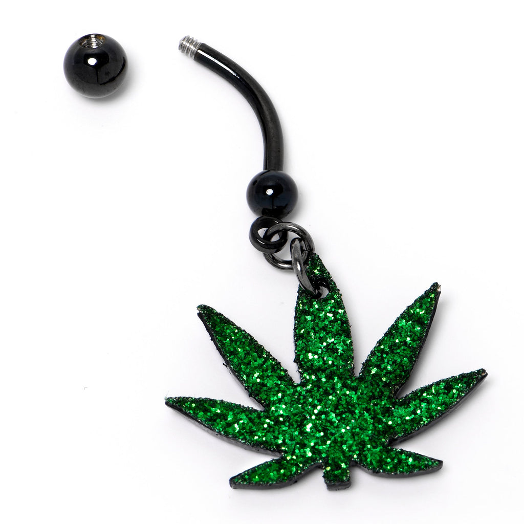 BodyCandy Green Glitter Marijuana Pot Leaf Black Dangle Belly Ring — back view