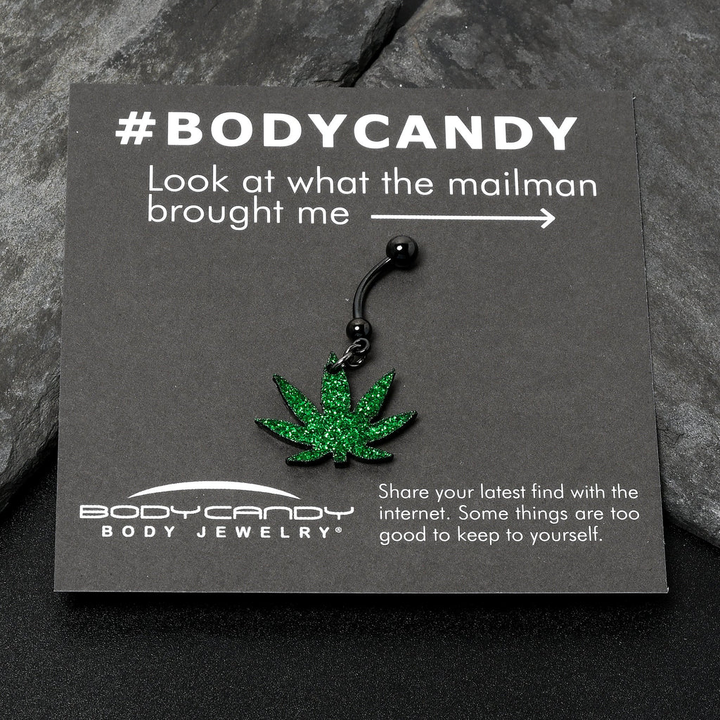 BodyCandy Green Glitter Marijuana Pot Leaf Black Dangle Belly Ring — alternative angle