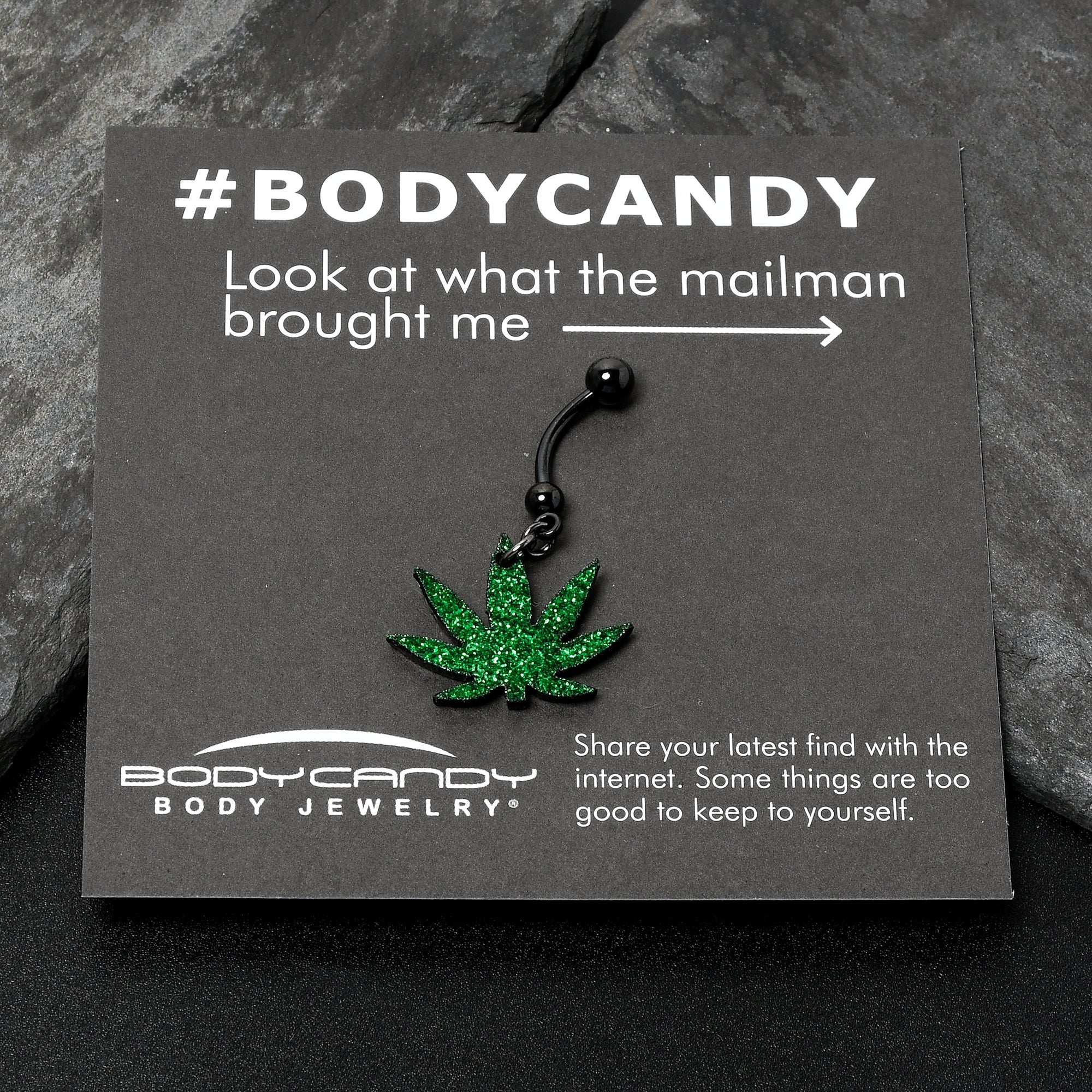 BodyCandy Green Glitter Marijuana Pot Leaf Black Dangle Belly Ring — alternative angle
