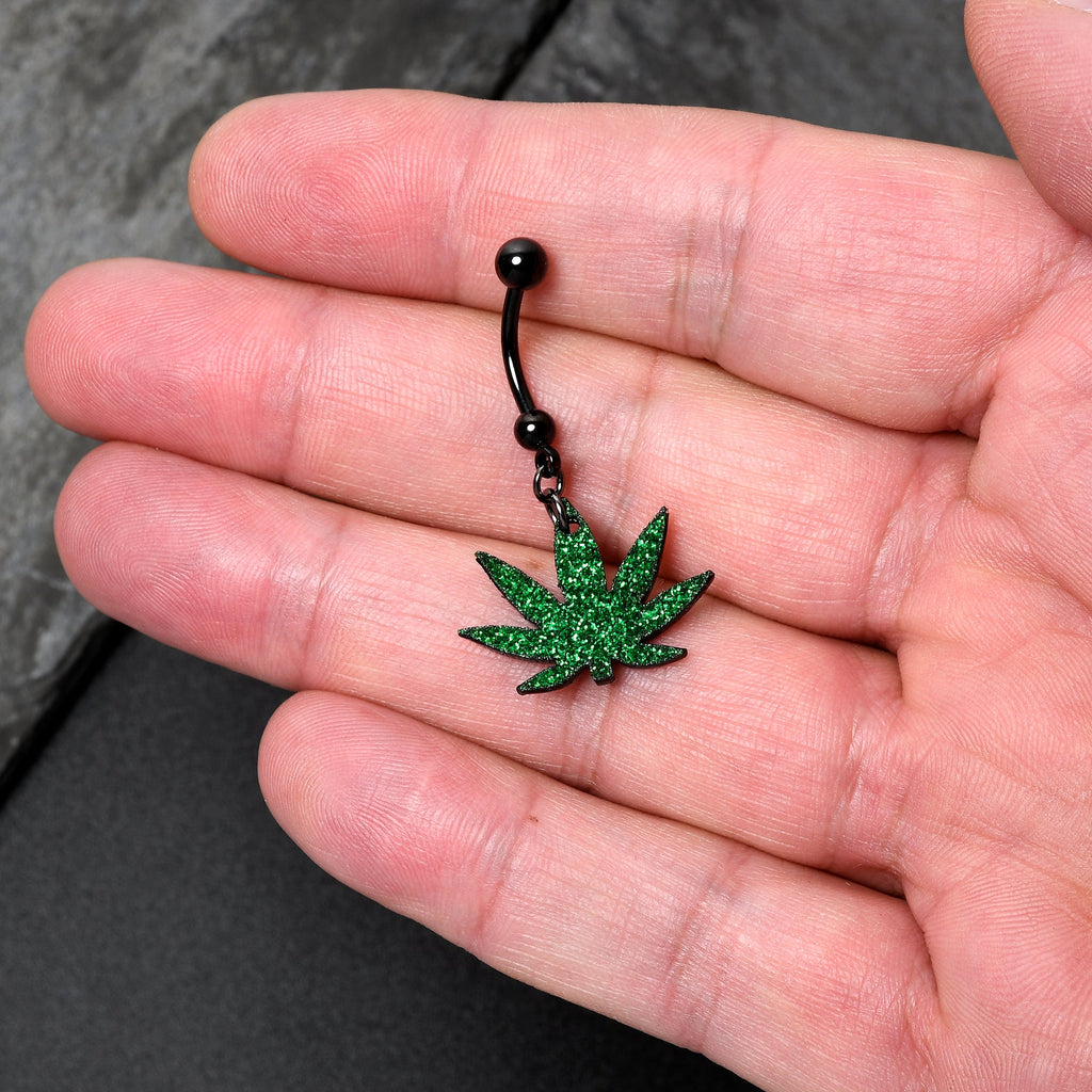 BodyCandy Green Glitter Marijuana Pot Leaf Black Dangle Belly Ring — in-use photo
