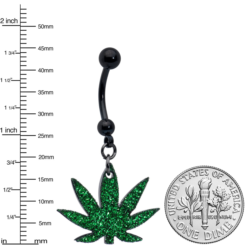 BodyCandy Green Glitter Marijuana Pot Leaf Black Dangle Belly Ring — size reference