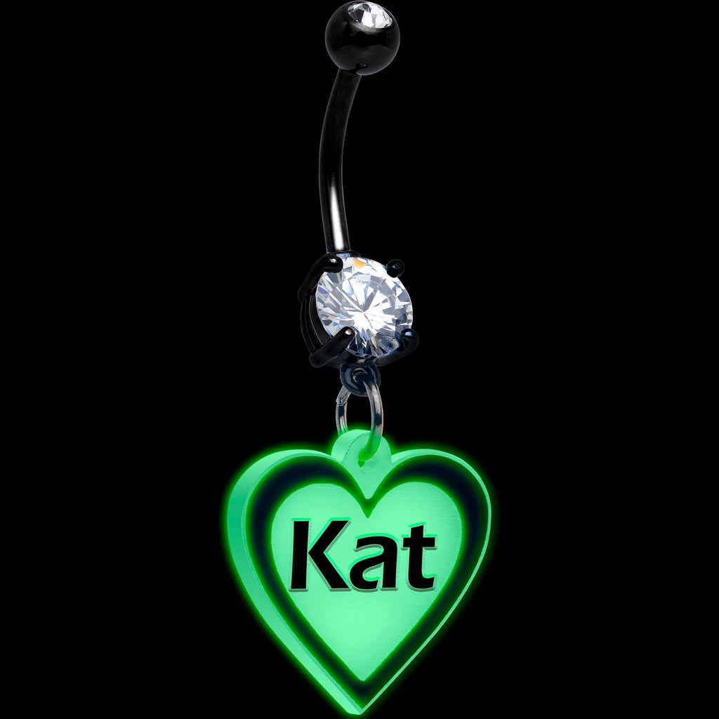 BodyCandy Custom Glow in the Dark Heart Dangle Personalized Belly Ring — detail close-up