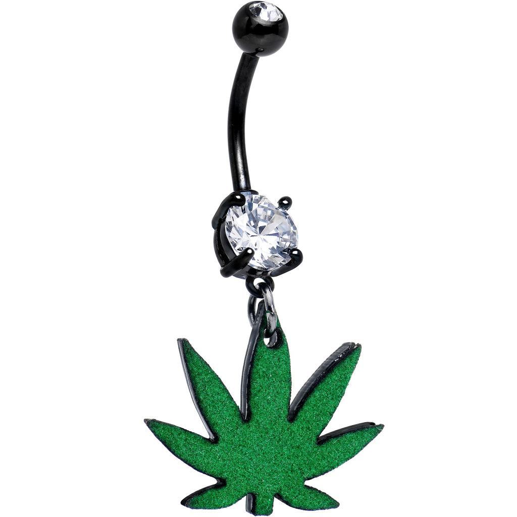 BodyCandy Double Gem Green Marijuana Pot Leaf Black Dangle Belly Ring — main product shot