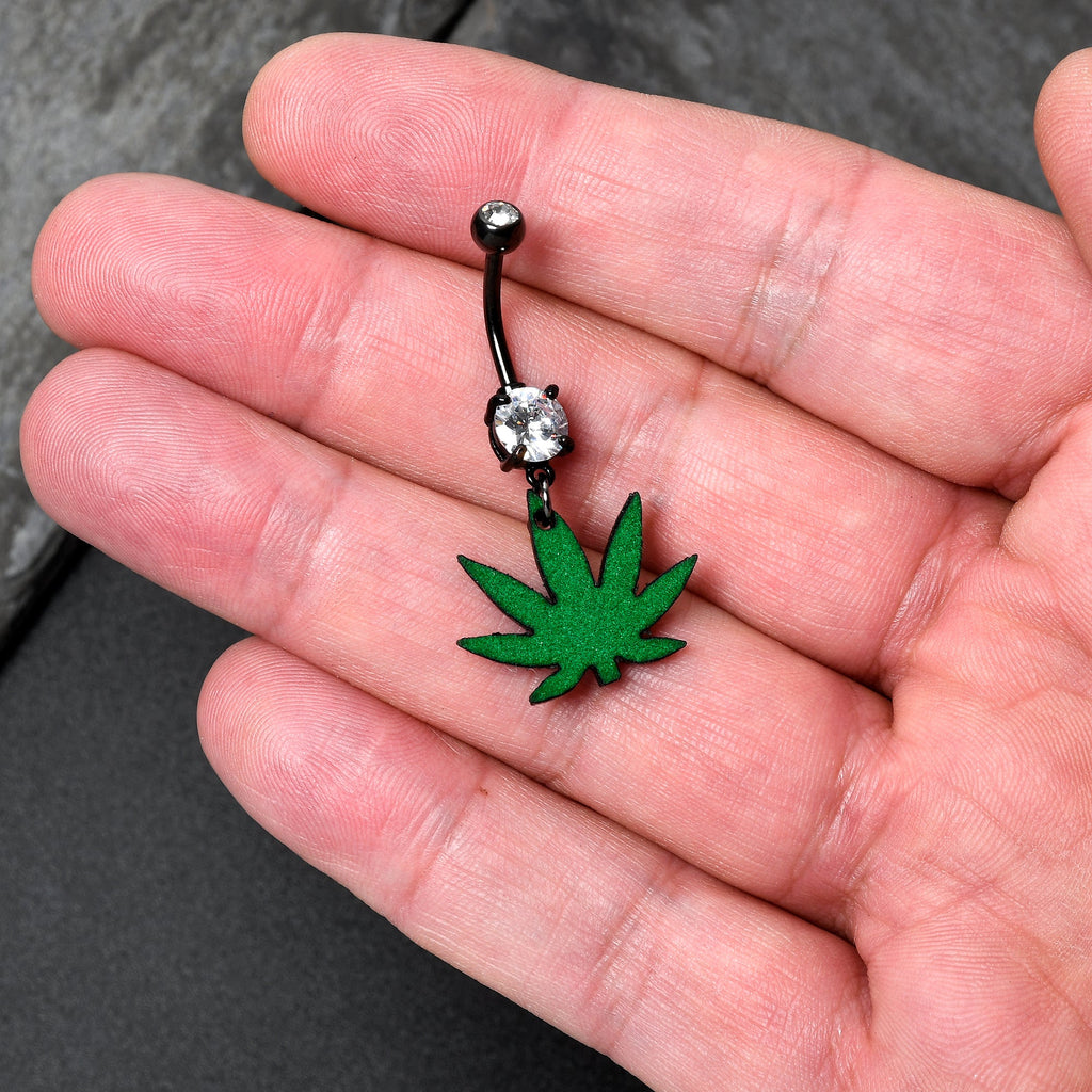 BodyCandy Double Gem Green Marijuana Pot Leaf Black Dangle Belly Ring — detail close-up