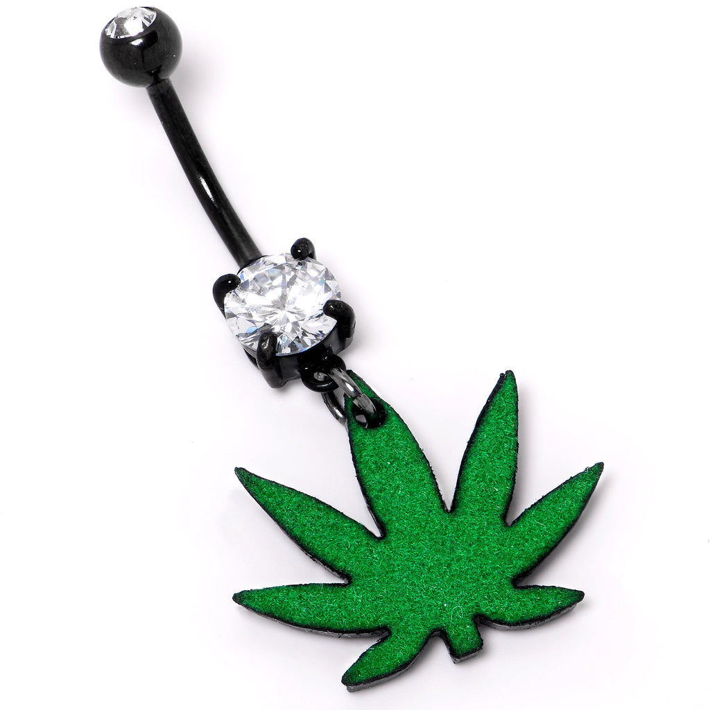 BodyCandy Double Gem Green Marijuana Pot Leaf Black Dangle Belly Ring — lifestyle context