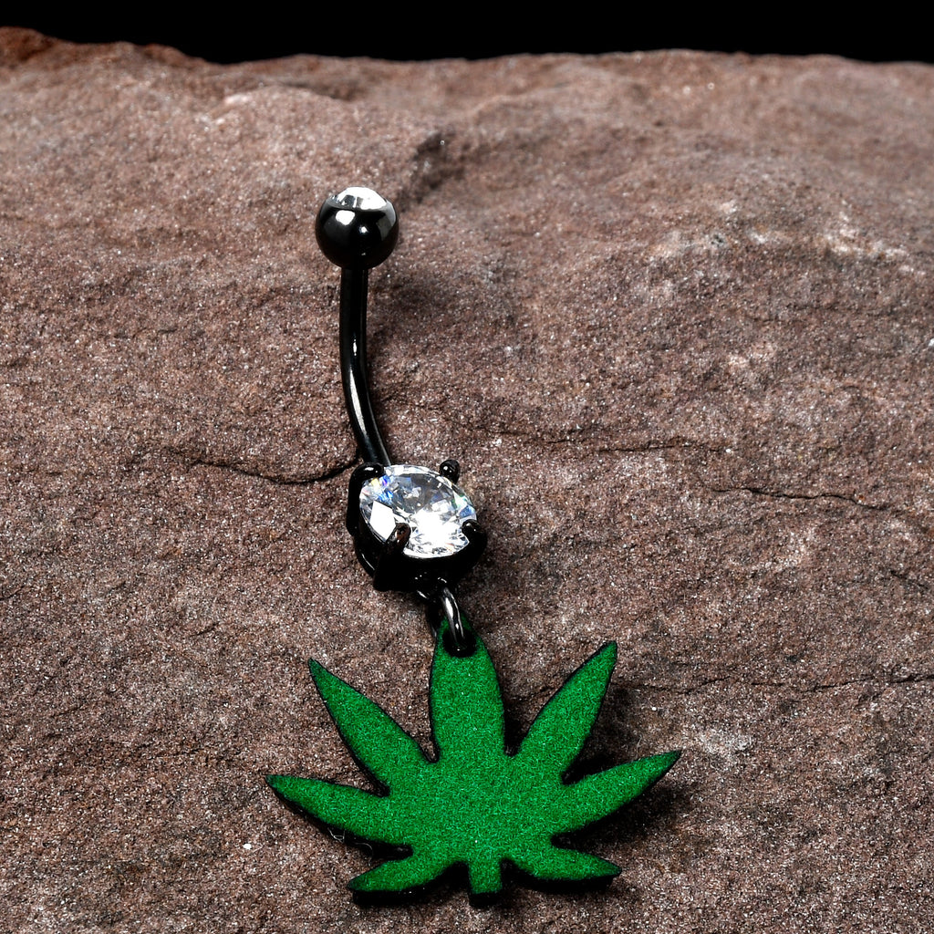 BodyCandy Double Gem Green Marijuana Pot Leaf Black Dangle Belly Ring — side view