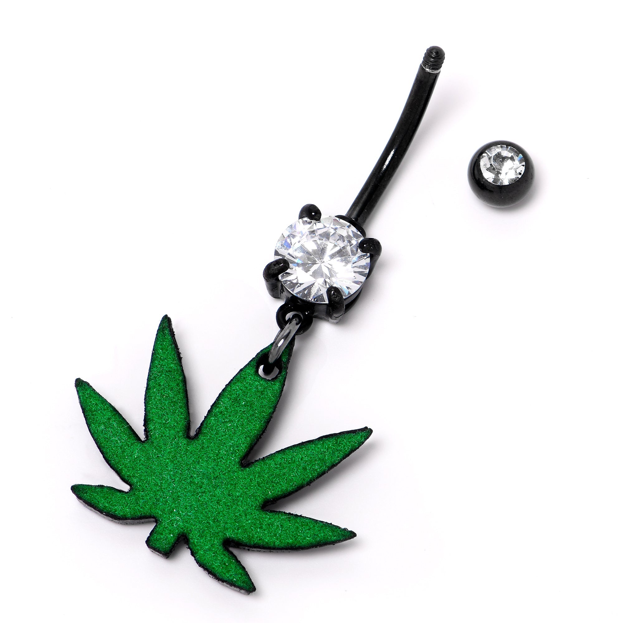 BodyCandy Double Gem Green Marijuana Pot Leaf Black Dangle Belly Ring — back view
