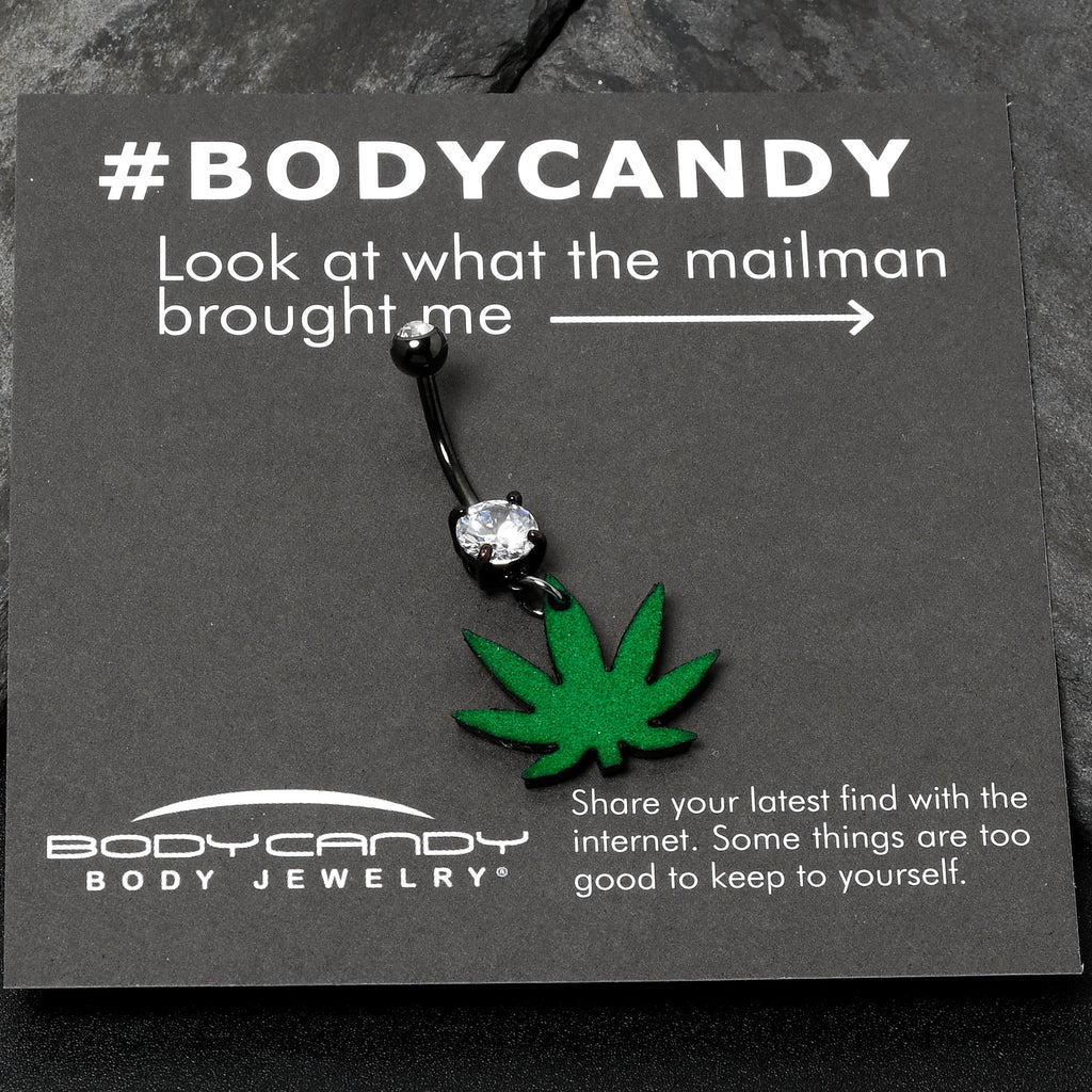 BodyCandy Double Gem Green Marijuana Pot Leaf Black Dangle Belly Ring — alternative angle