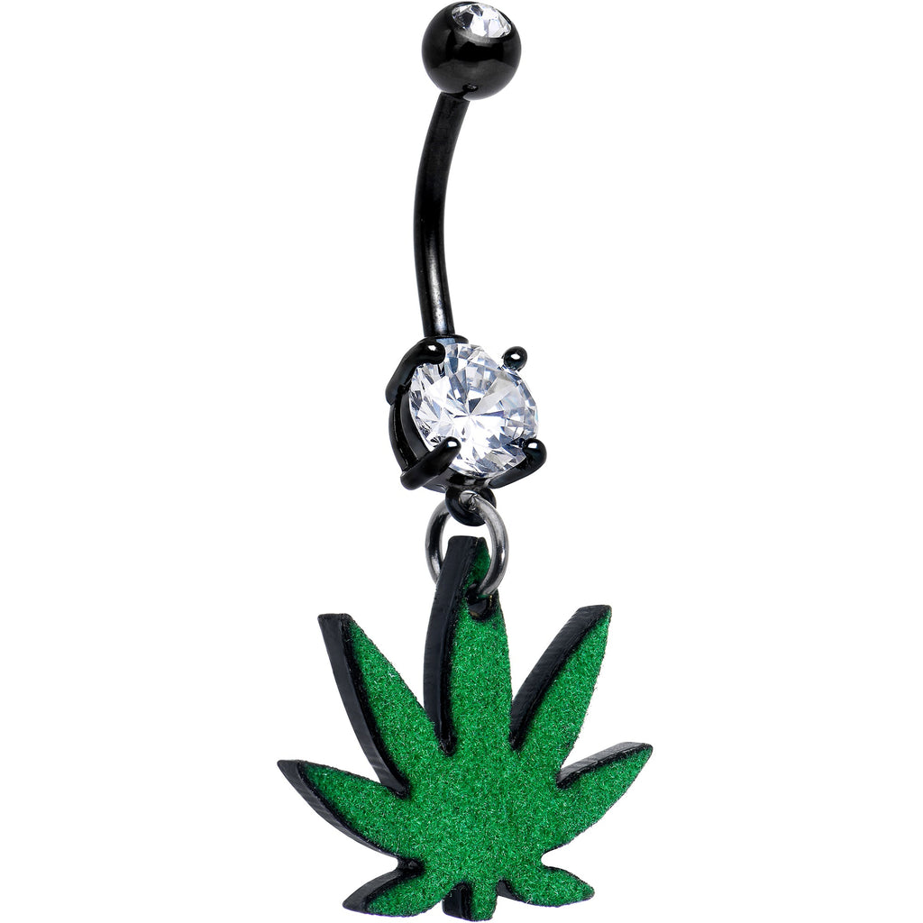 BodyCandy Double Gem Green Marijuana Pot Leaf Black Dangle Belly Ring — in-use photo