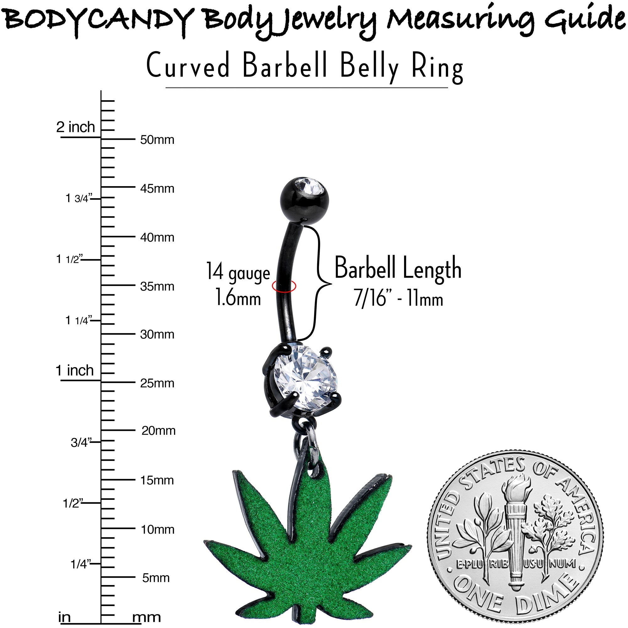 BodyCandy Double Gem Green Marijuana Pot Leaf Black Dangle Belly Ring — size reference