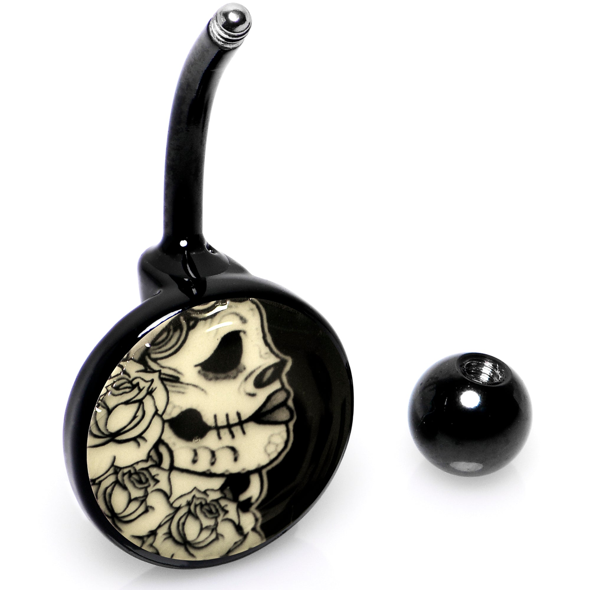 BodyCandy Black Glow in the Dark Katrina Sugar Skull Belly Ring — comparison shot