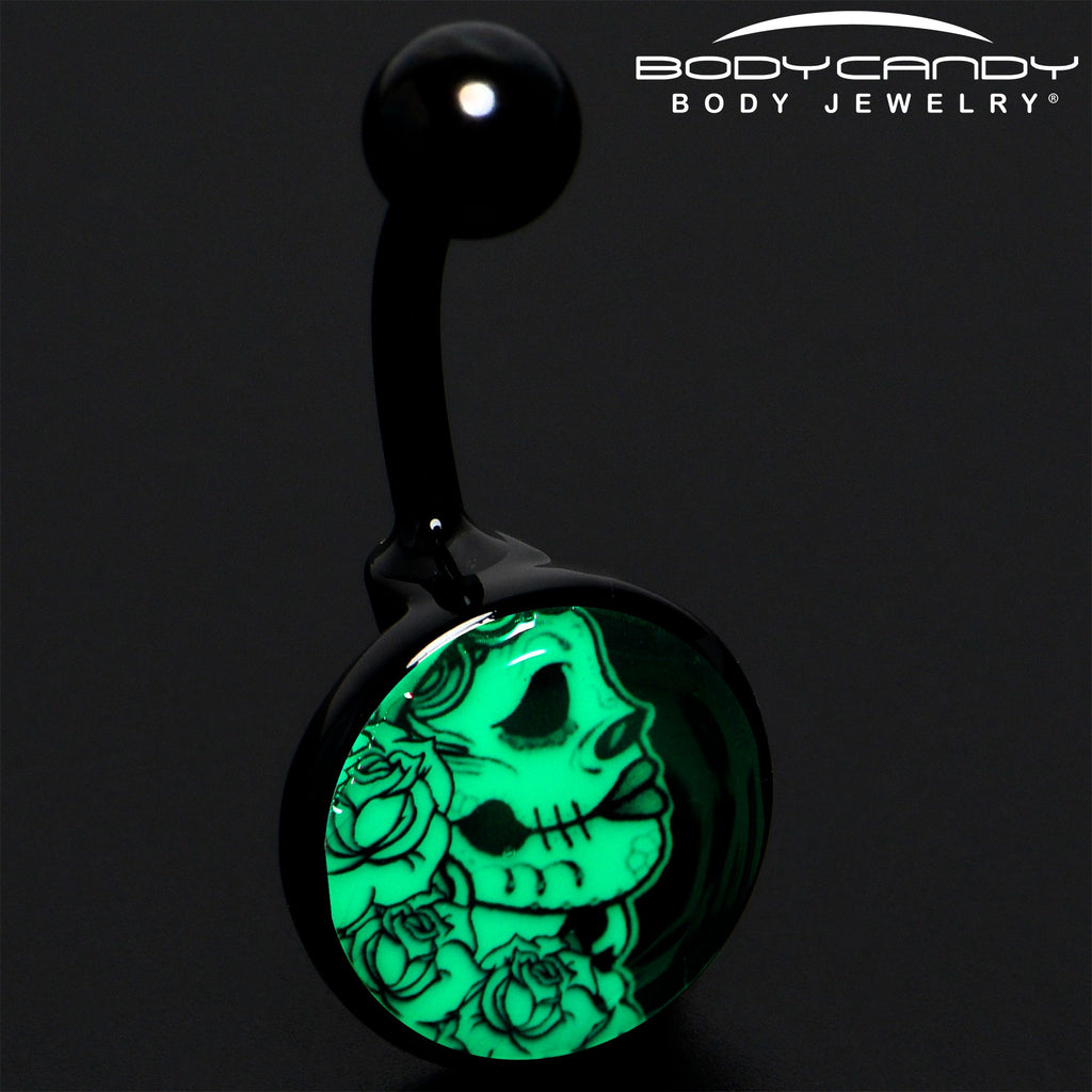 BodyCandy Black Glow in the Dark Katrina Sugar Skull Belly Ring — side view