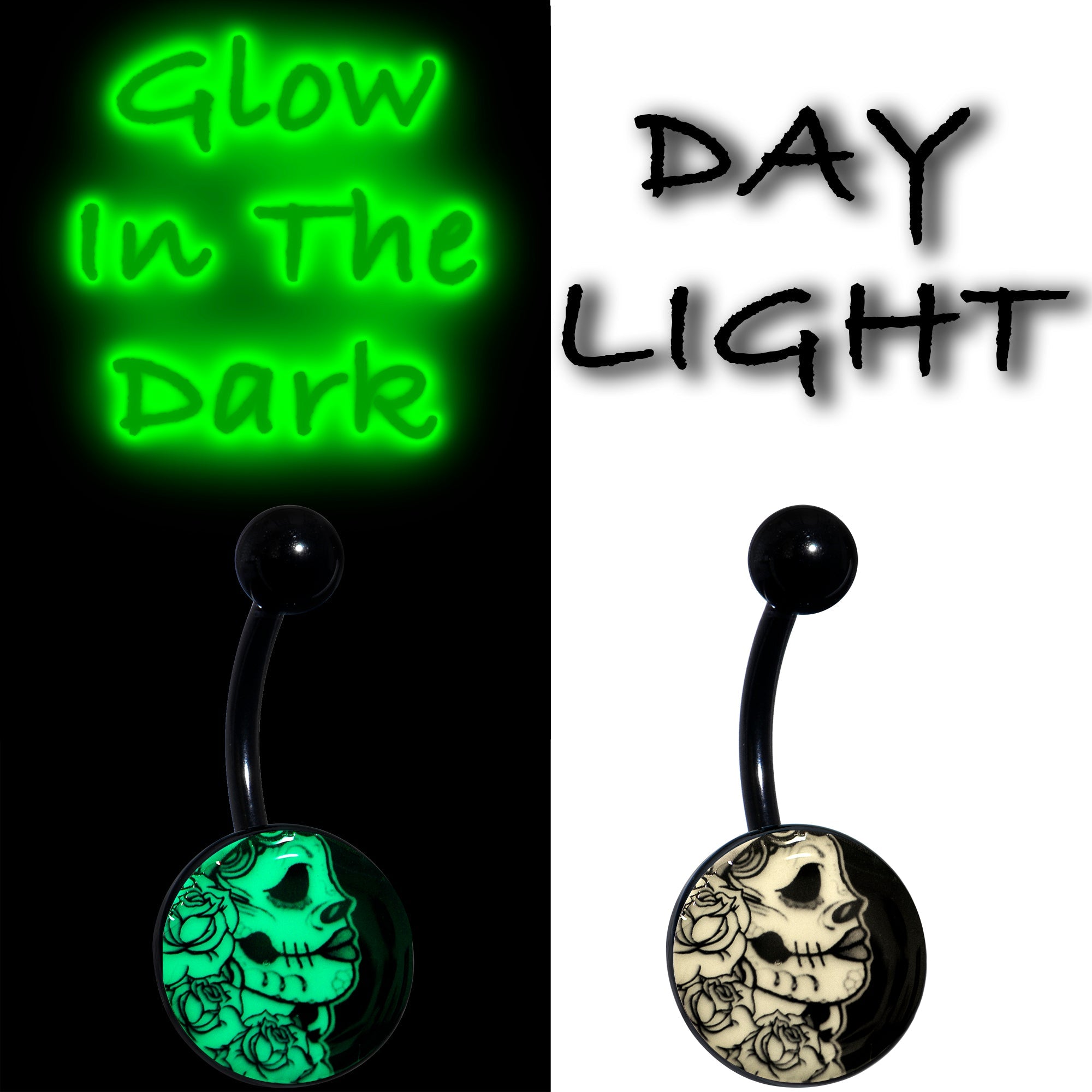 BodyCandy Black Glow in the Dark Katrina Sugar Skull Belly Ring — detail close-up