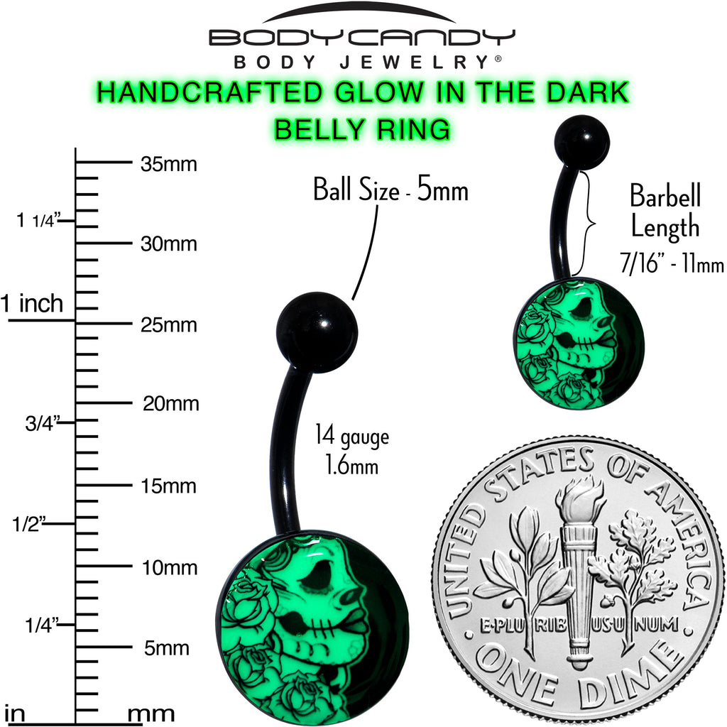 BodyCandy Black Glow in the Dark Katrina Sugar Skull Belly Ring — color detail