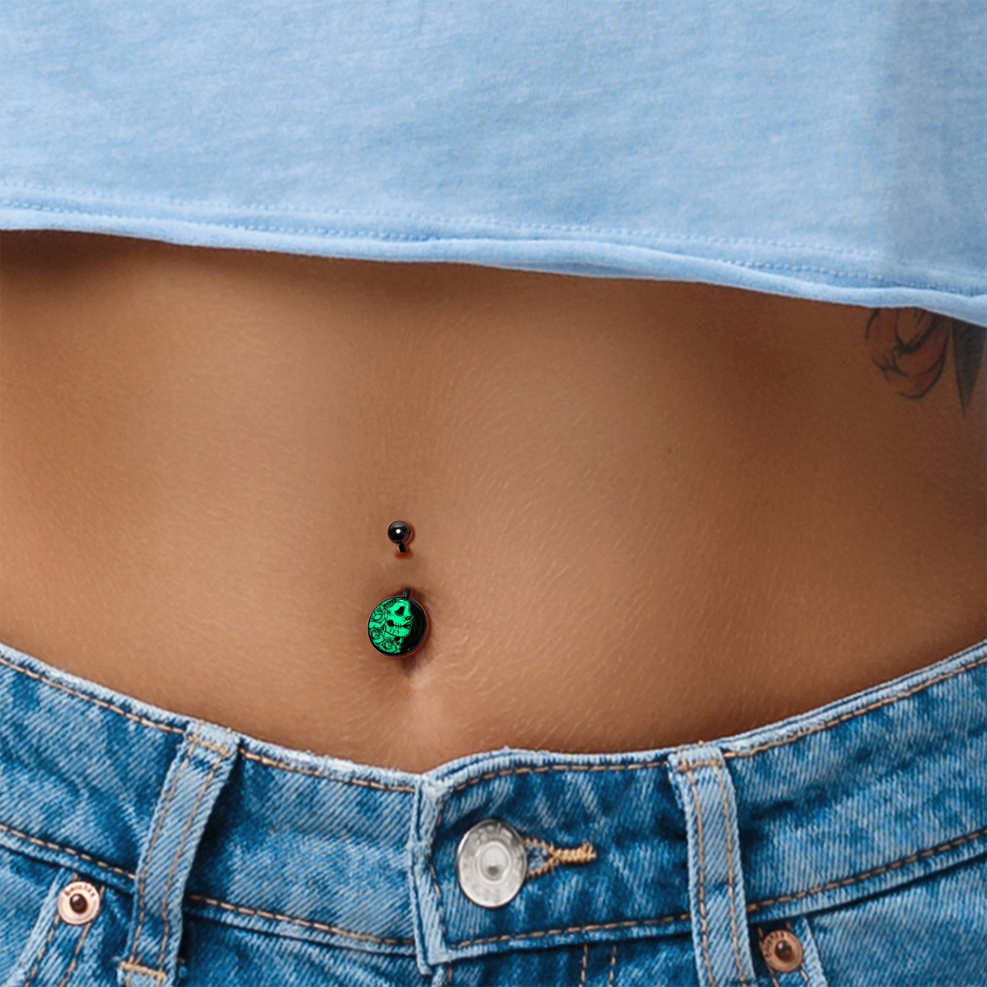 BodyCandy Black Glow in the Dark Katrina Sugar Skull Belly Ring — back view