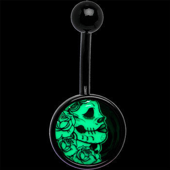 BodyCandy Black Glow in the Dark Katrina Sugar Skull Belly Ring — in-use photo