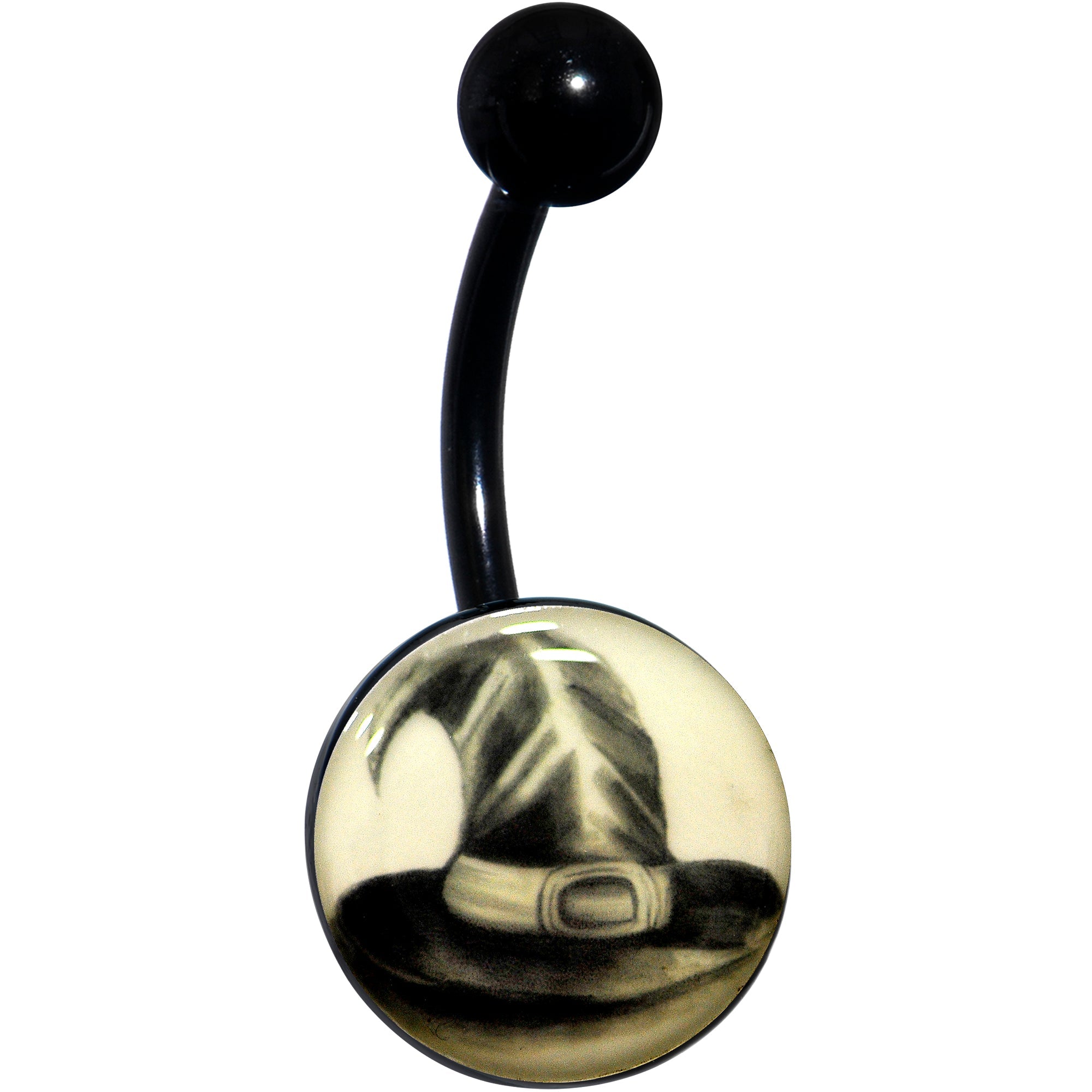 BodyCandy Black Titanium Magic Witch Hat Glow in the Dark Belly Ring — lifestyle context