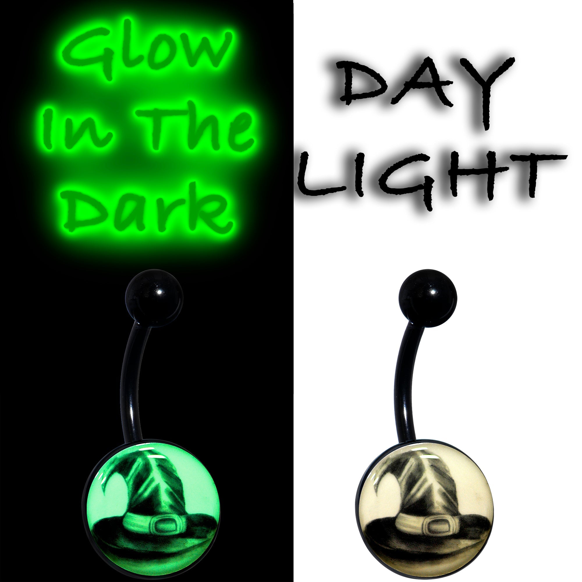 BodyCandy Black Titanium Magic Witch Hat Glow in the Dark Belly Ring — side view