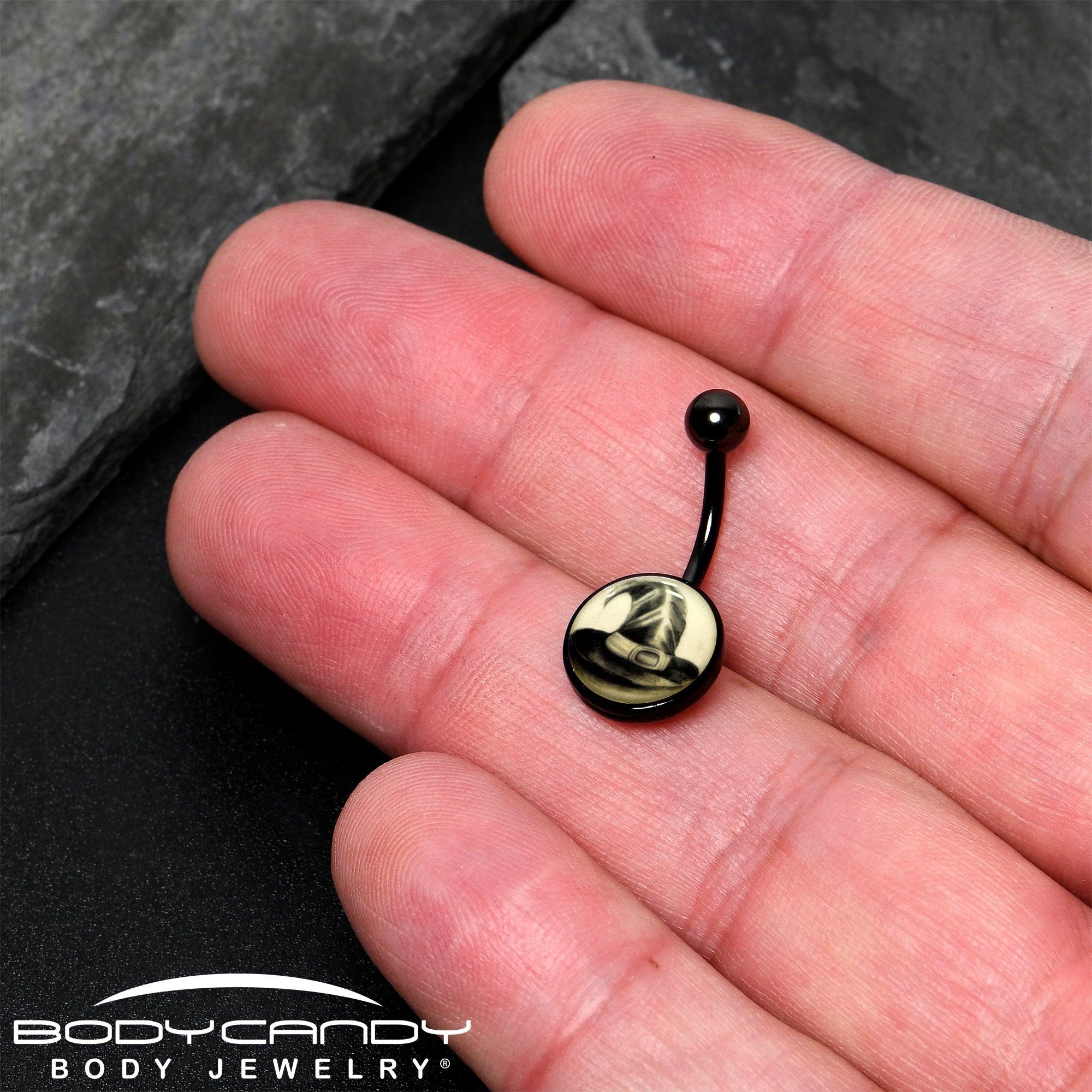 BodyCandy Black Titanium Magic Witch Hat Glow in the Dark Belly Ring — back view