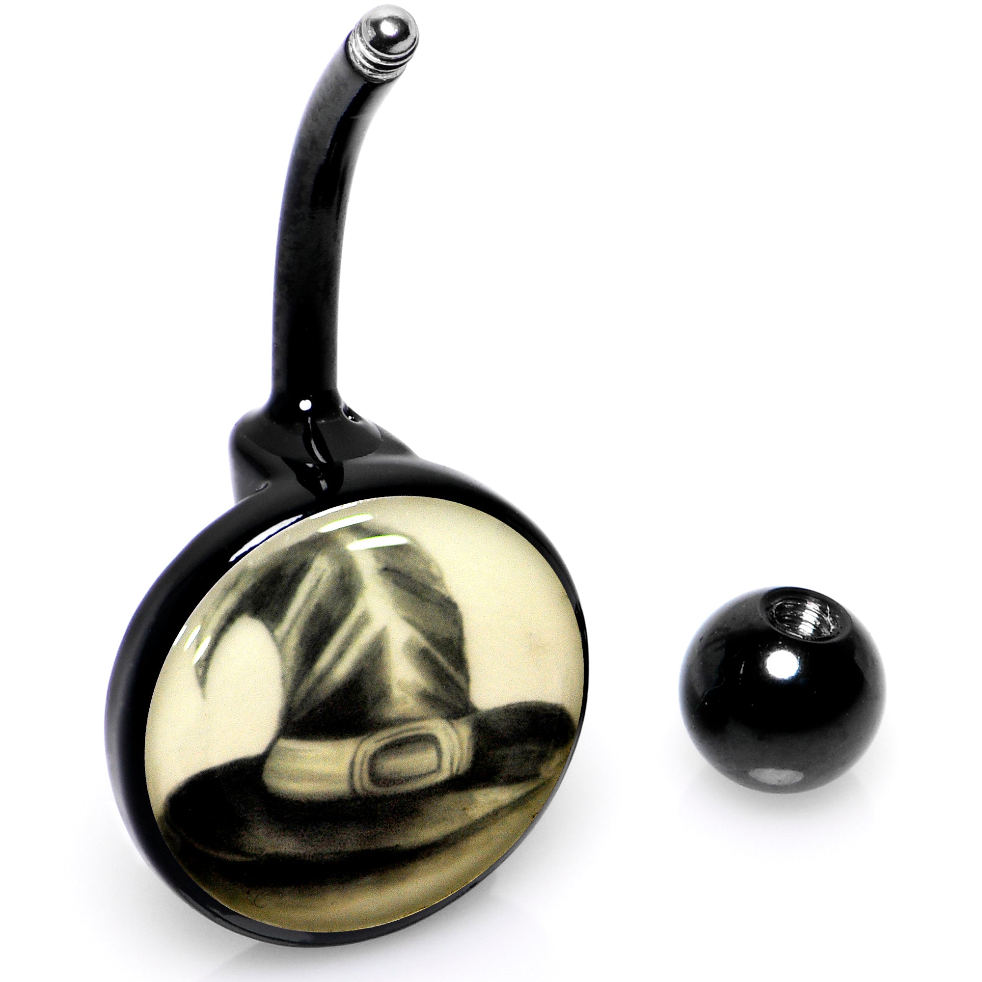 BodyCandy Black Titanium Magic Witch Hat Glow in the Dark Belly Ring — in-use photo