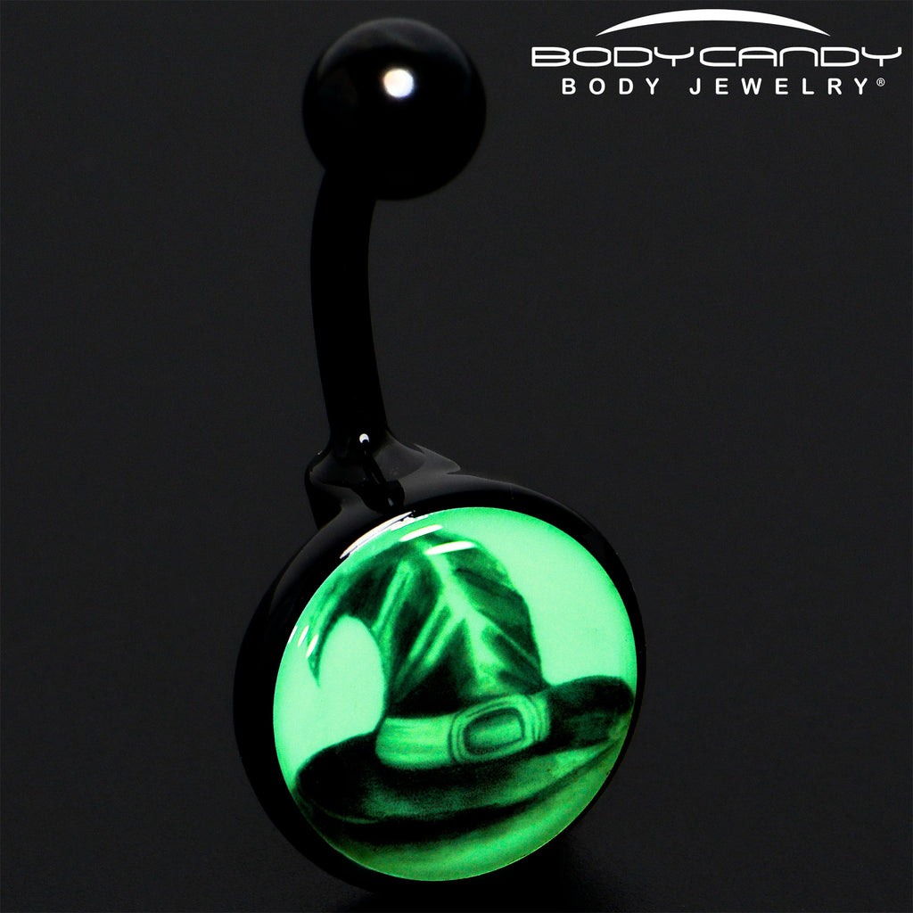BodyCandy Black Titanium Magic Witch Hat Glow in the Dark Belly Ring — detail close-up