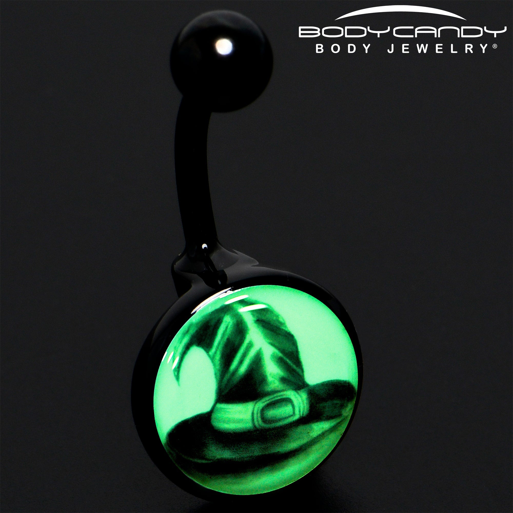 BodyCandy Black Titanium Magic Witch Hat Glow in the Dark Belly Ring — detail close-up