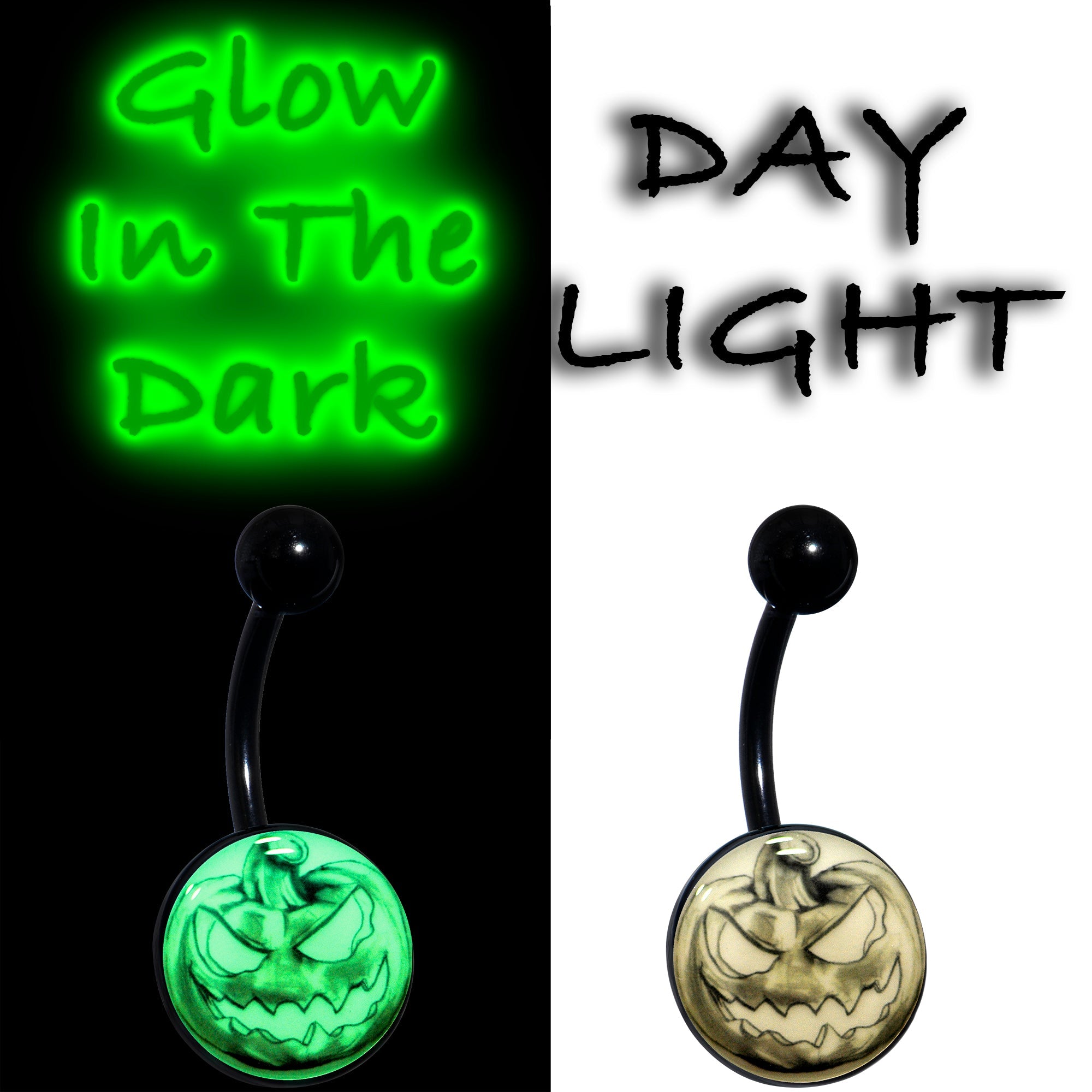 BodyCandy Black Titanium Bad Jack O' Lantern Glow in the Dark Belly Ring — side view
