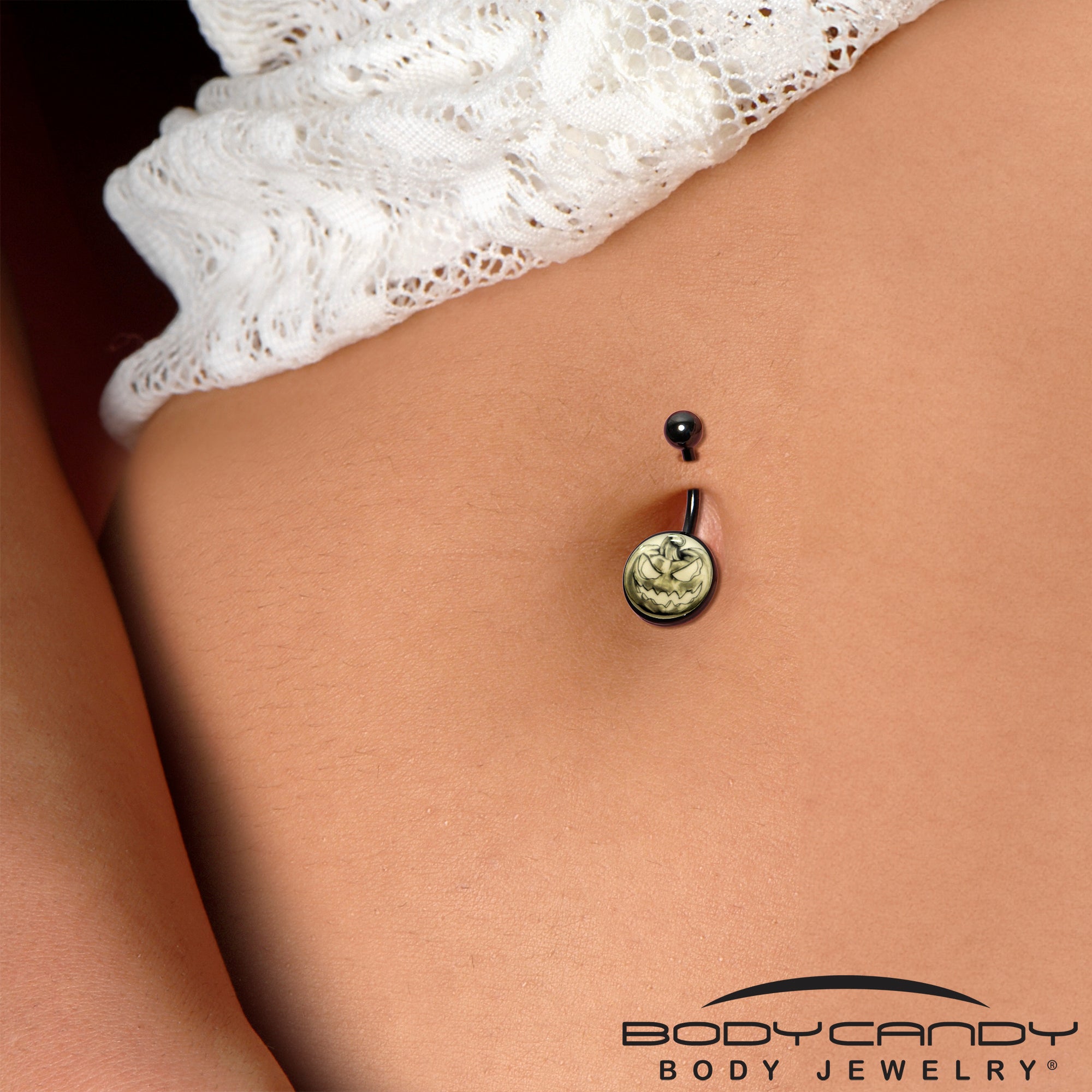 BodyCandy Black Titanium Bad Jack O' Lantern Glow in the Dark Belly Ring — alternative angle