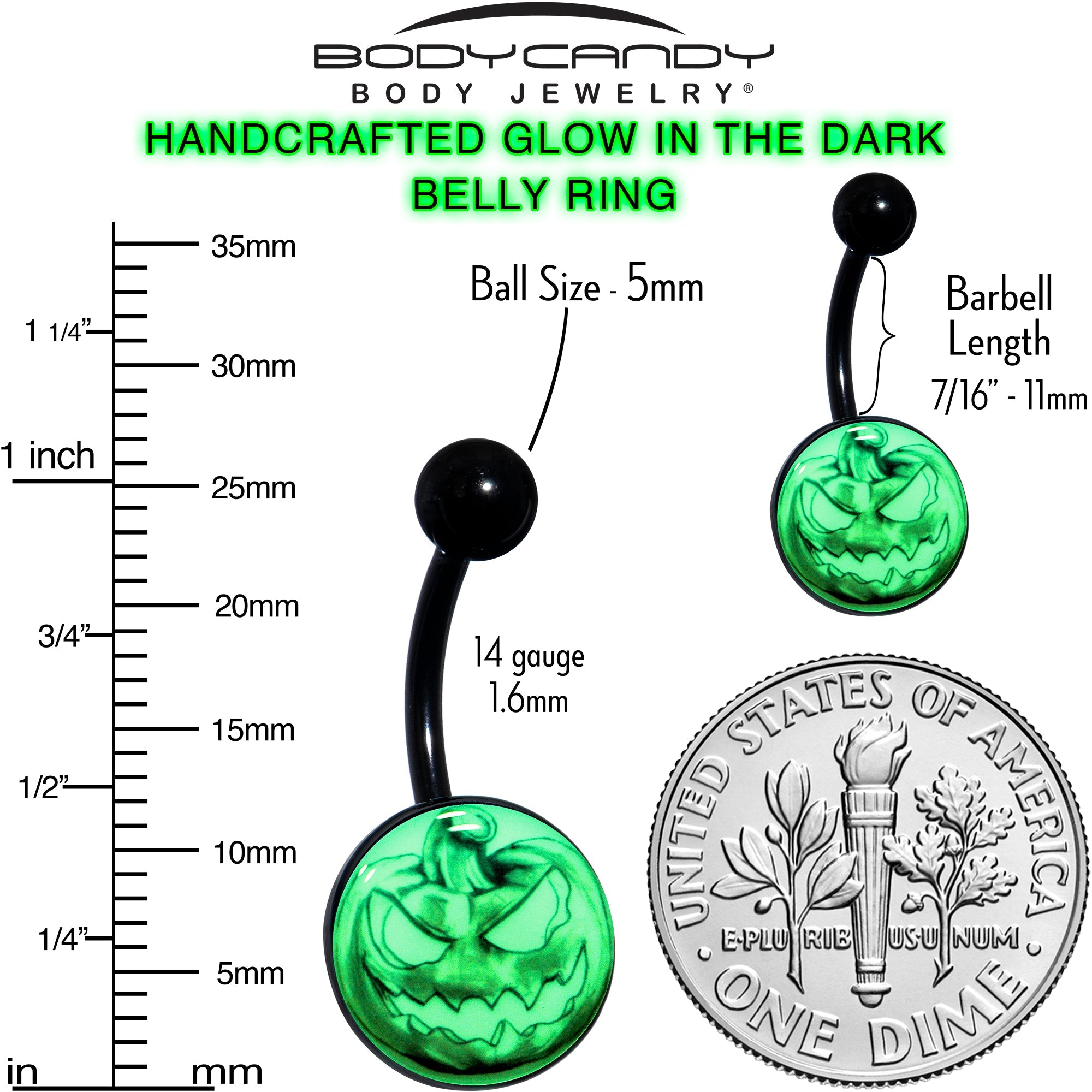 BodyCandy Black Titanium Bad Jack O' Lantern Glow in the Dark Belly Ring — color detail