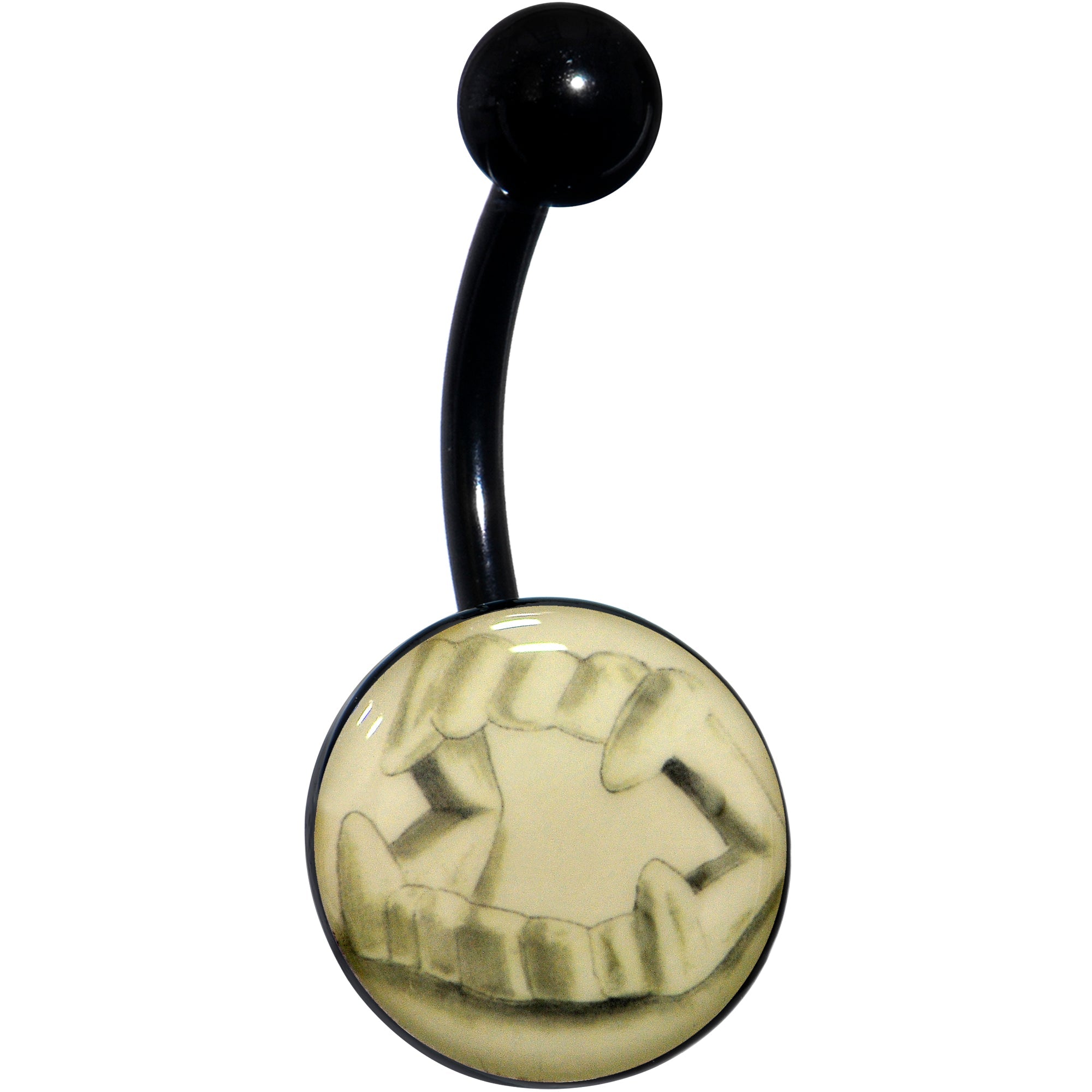 BodyCandy Black Titanium Fearsome Fangs Glow in the Dark Belly Ring — color detail
