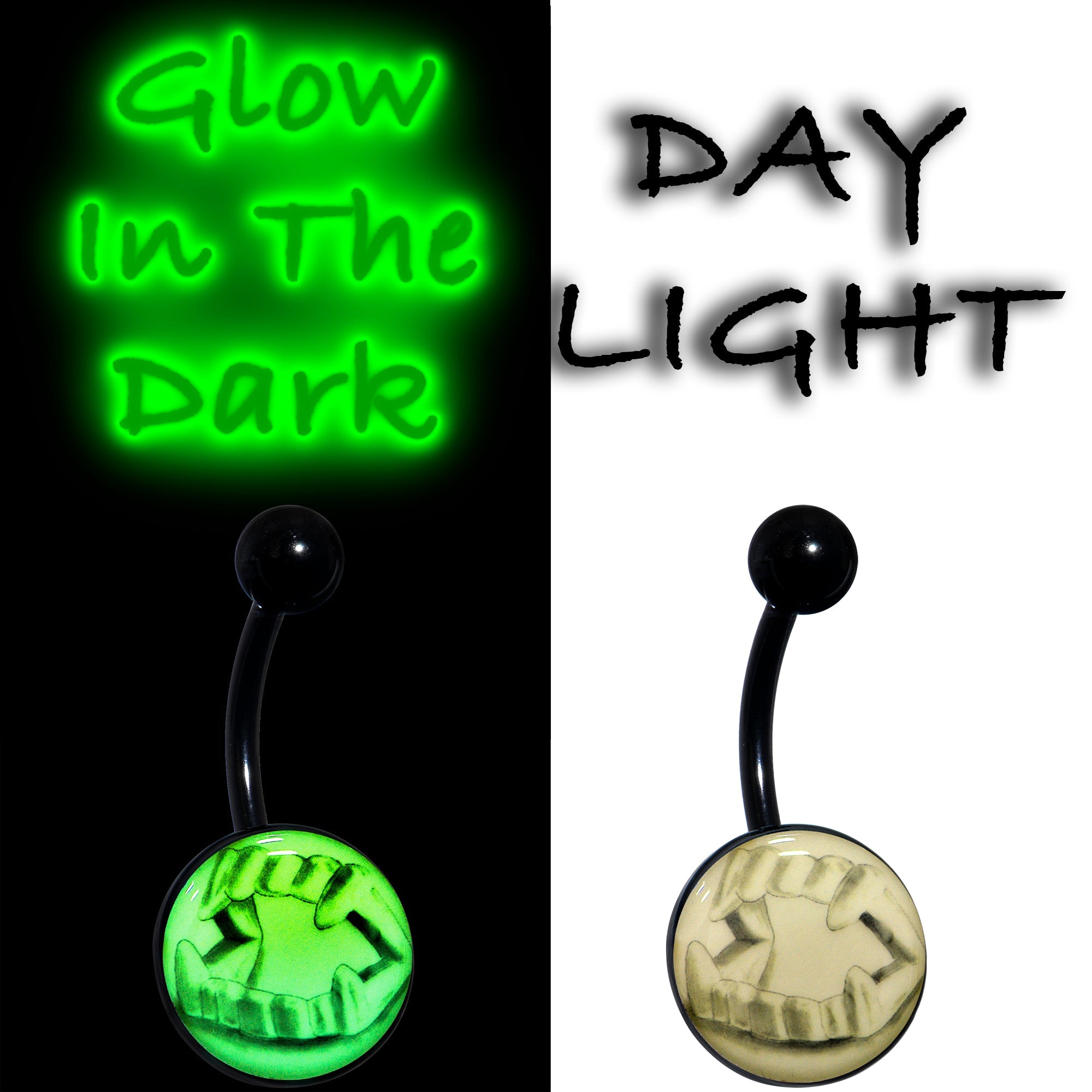 BodyCandy Black Titanium Fearsome Fangs Glow in the Dark Belly Ring — lifestyle context