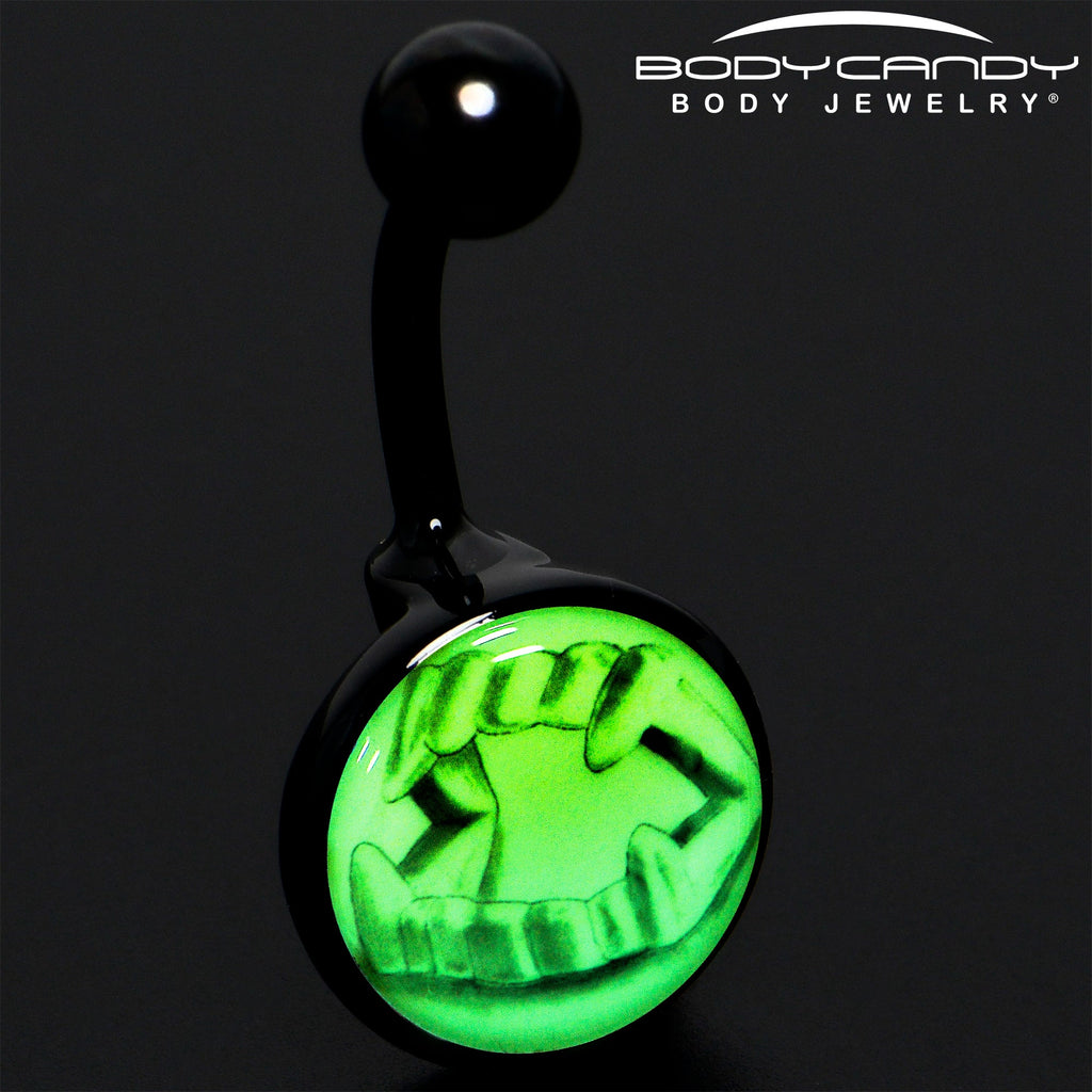 BodyCandy Black Titanium Fearsome Fangs Glow in the Dark Belly Ring — detail close-up