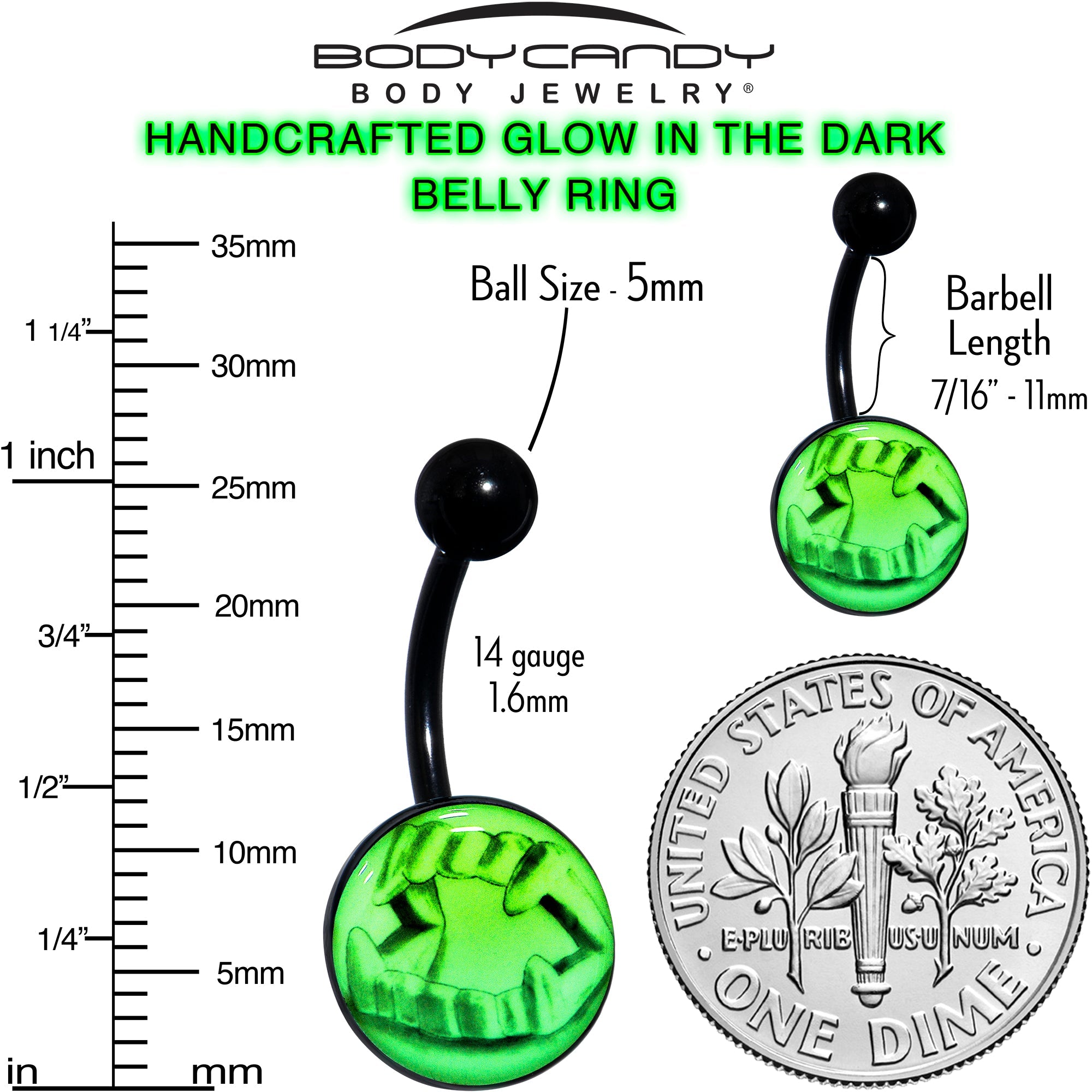 BodyCandy Black Titanium Fearsome Fangs Glow in the Dark Belly Ring — size reference