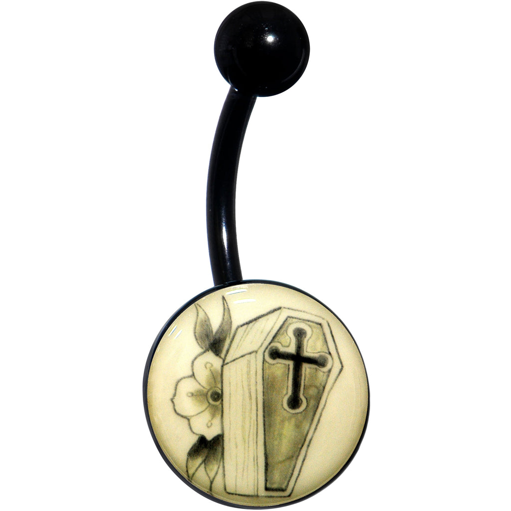 BodyCandy Black Titanium Coffin and Flower Glow in the Dark Belly Ring — detail close-up
