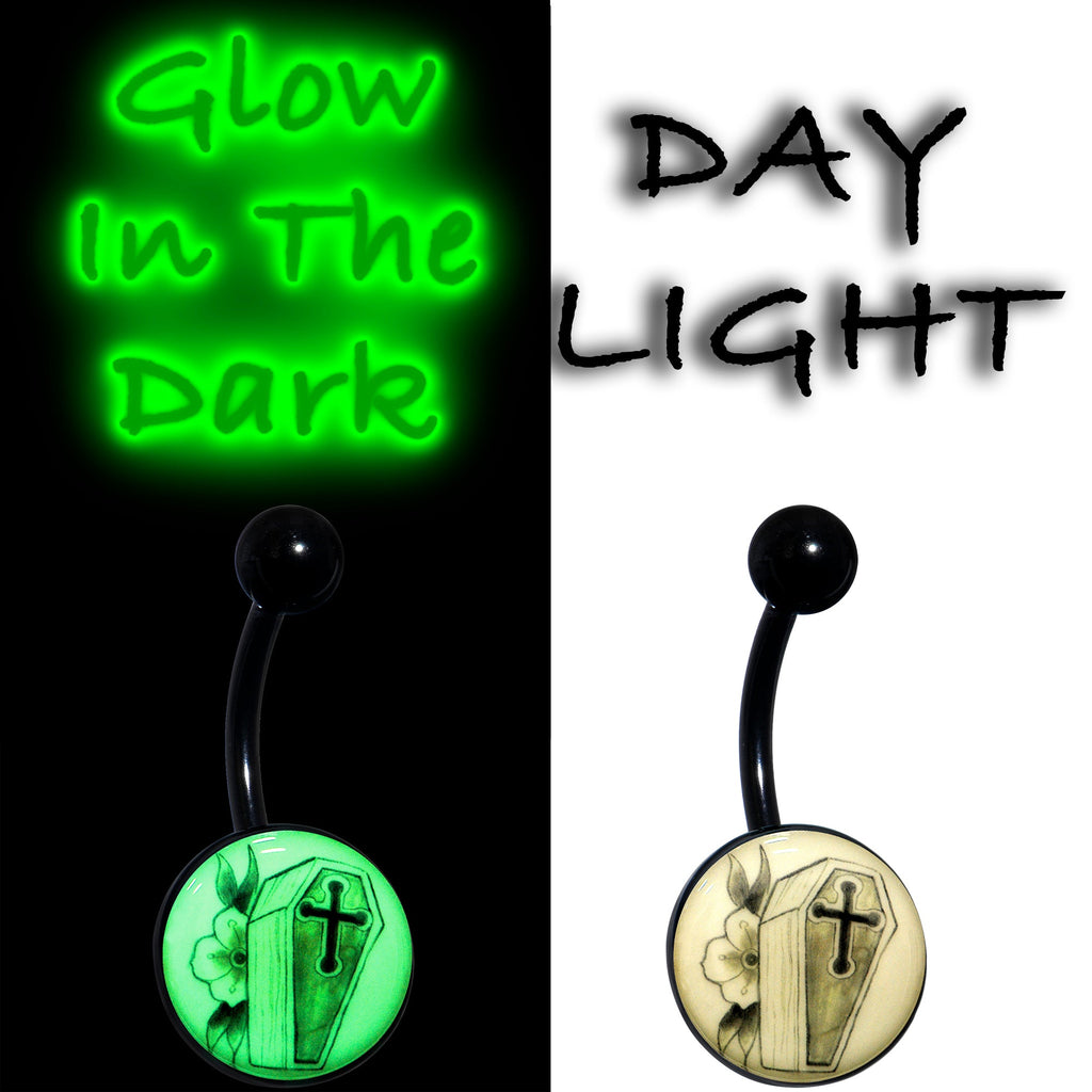 BodyCandy Black Titanium Coffin and Flower Glow in the Dark Belly Ring — lifestyle context