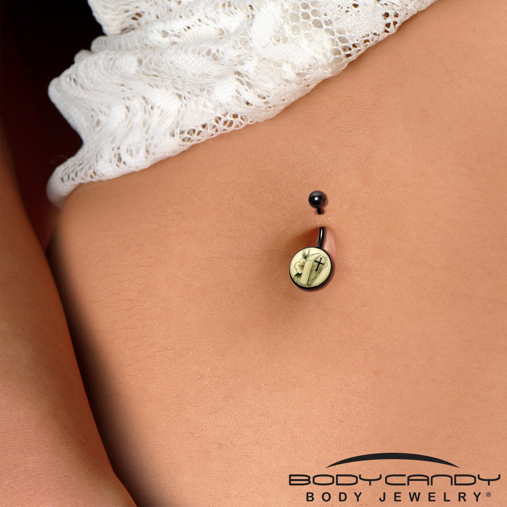 BodyCandy Black Titanium Coffin and Flower Glow in the Dark Belly Ring — back view