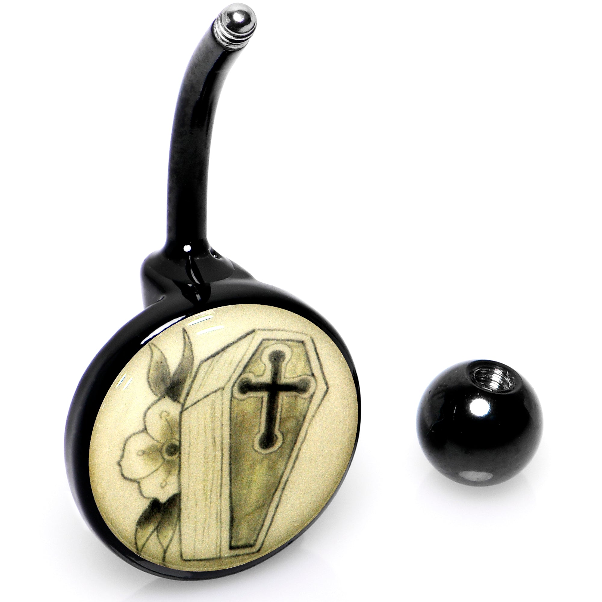 BodyCandy Black Titanium Coffin and Flower Glow in the Dark Belly Ring — alternative angle