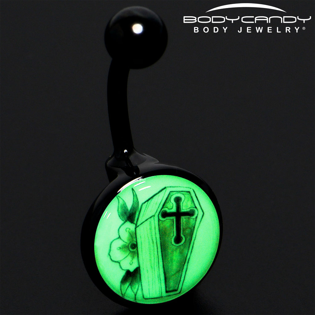 BodyCandy Black Titanium Coffin and Flower Glow in the Dark Belly Ring — in-use photo