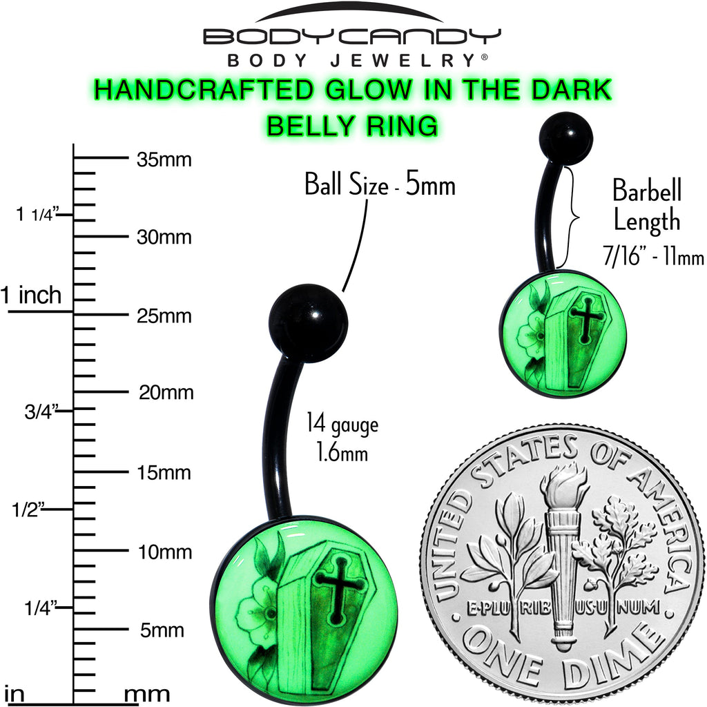 BodyCandy Black Titanium Coffin and Flower Glow in the Dark Belly Ring — color detail
