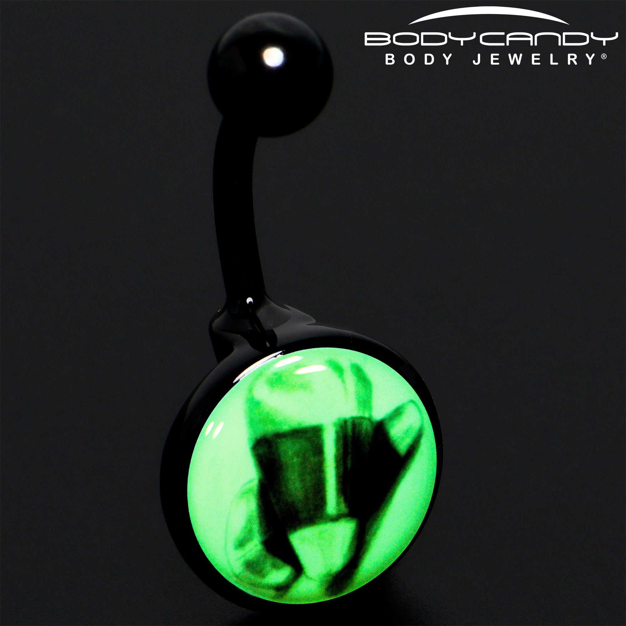 BodyCandy Black Titanium Classic Candy Corn Glow in the Dark Belly Ring — detail close-up